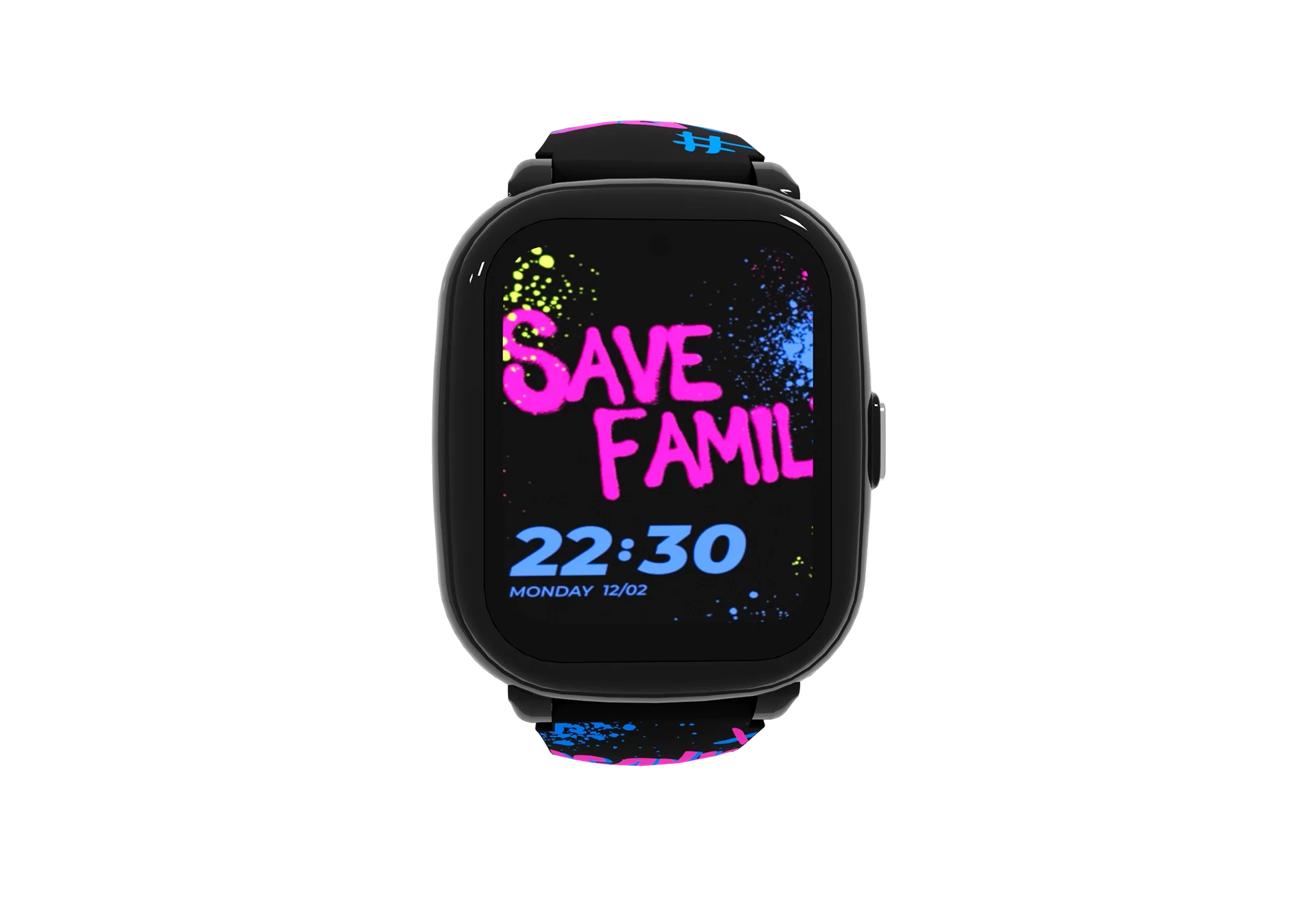 Negro. Smartwatch muestra "SAVE FAMIL", hora 22:30, lunes 12/02.