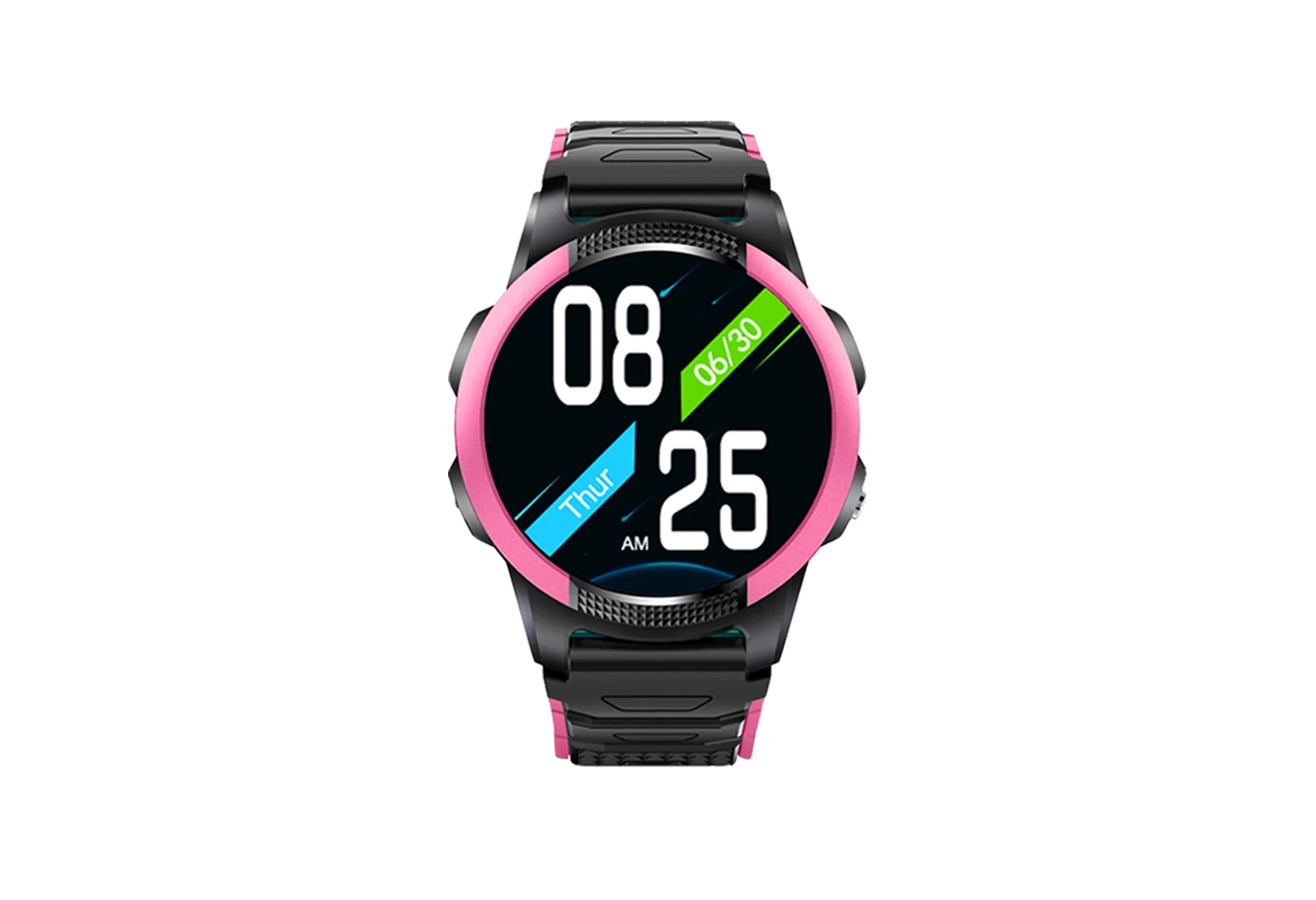 Reloj inteligente negro con bisel rosa, muestra 8:25 AM, Jueves, 06/30.