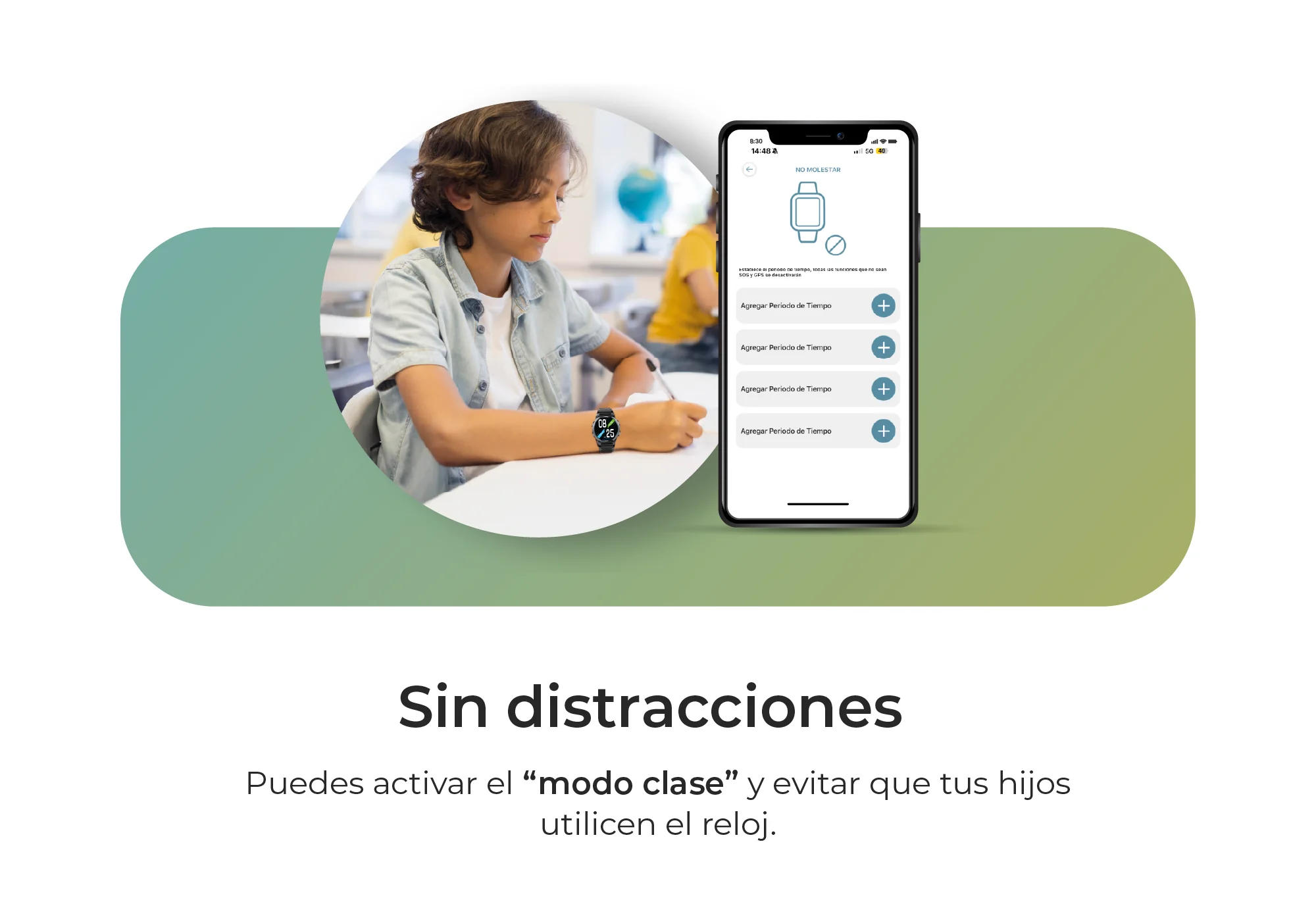 Un niño se sienta en un aula. Se muestran un reloj y un teléfono.