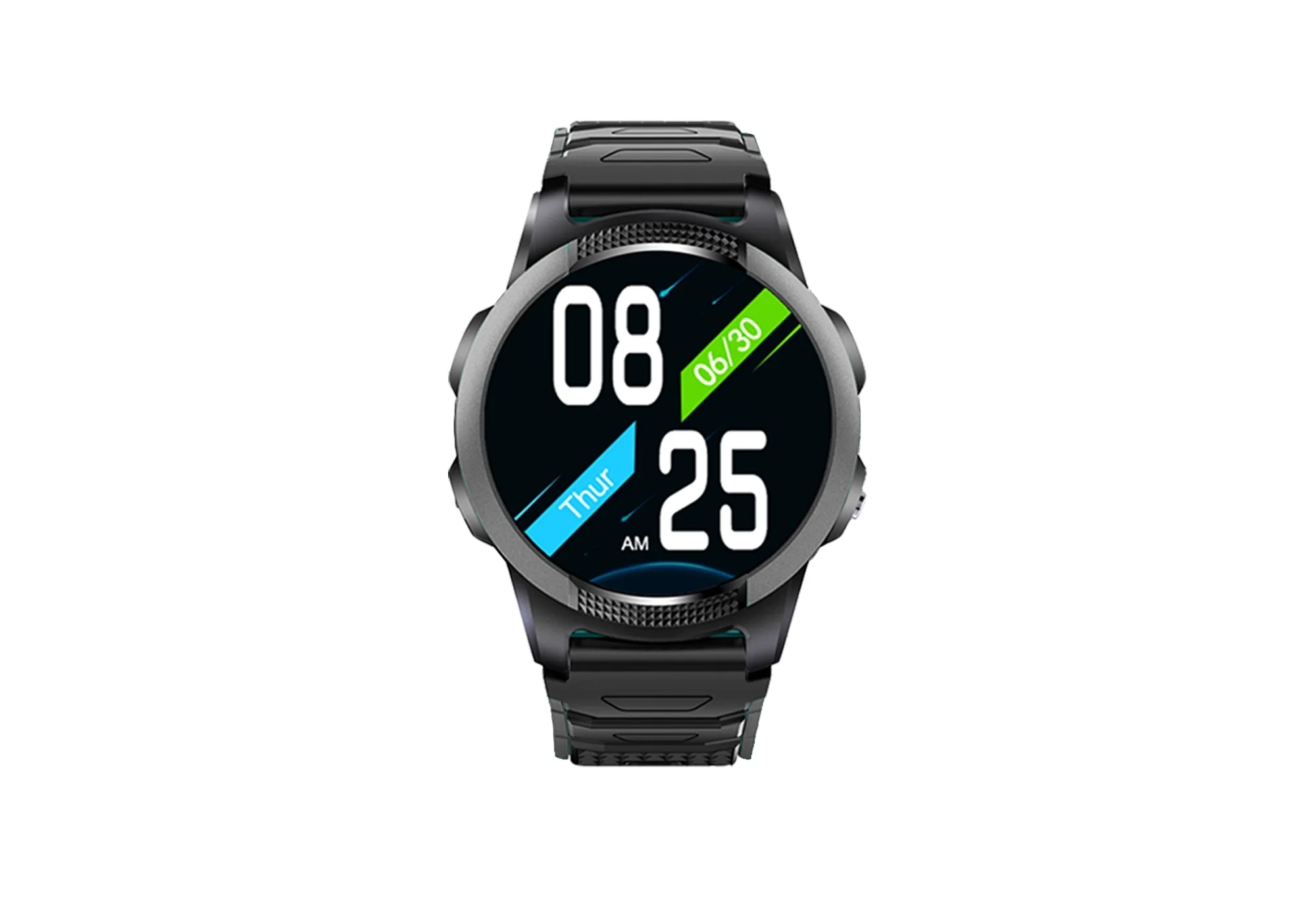 Un reloj inteligente negro con esfera redonda que muestra las 08:25.