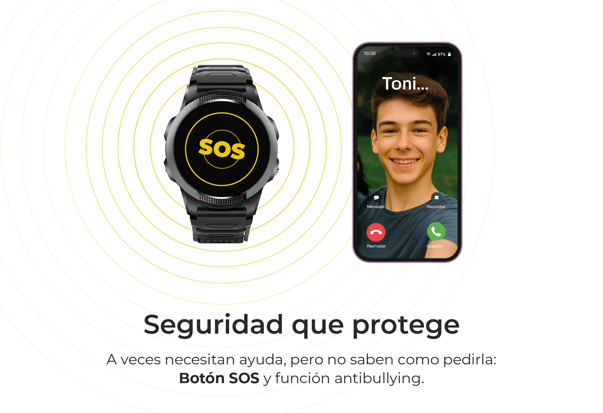 Un reloj inteligente con pantalla SOS junto a un smartphone con videollamada entrante.