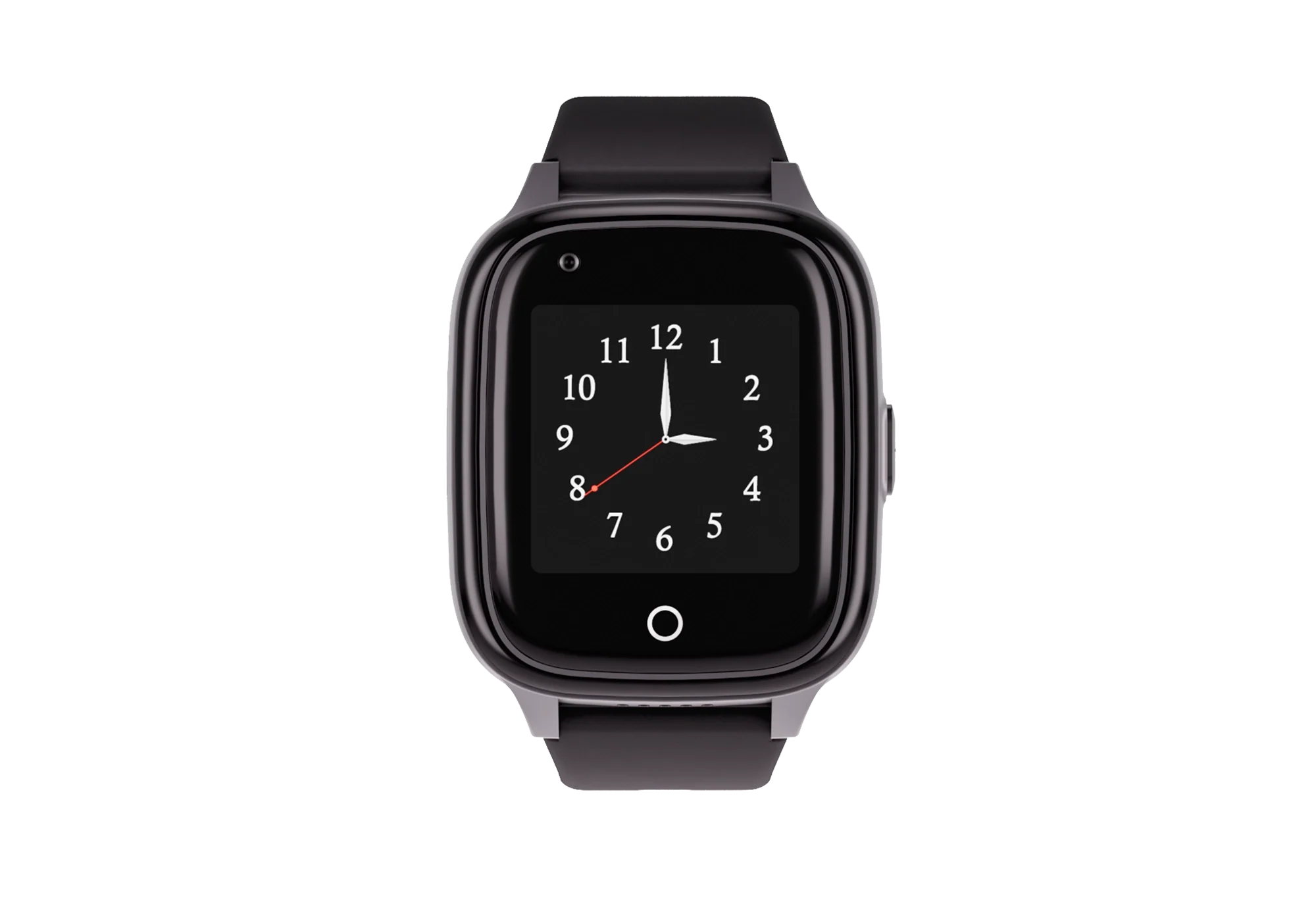 Un reloj inteligente negro con esfera de reloj analógica blanca sobre fondo negro.