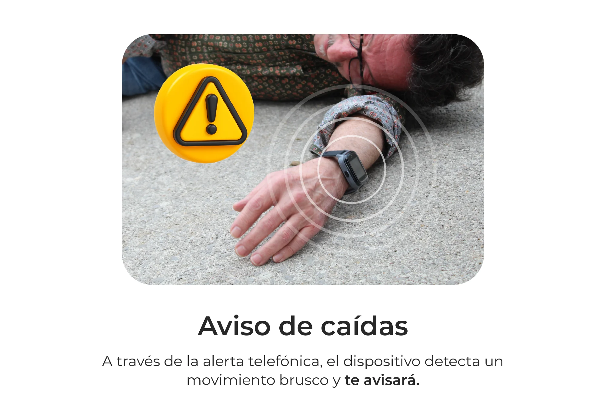 Hombre en el suelo, brazo con reloj inteligente, señal de advertencia, detección de caídas.
