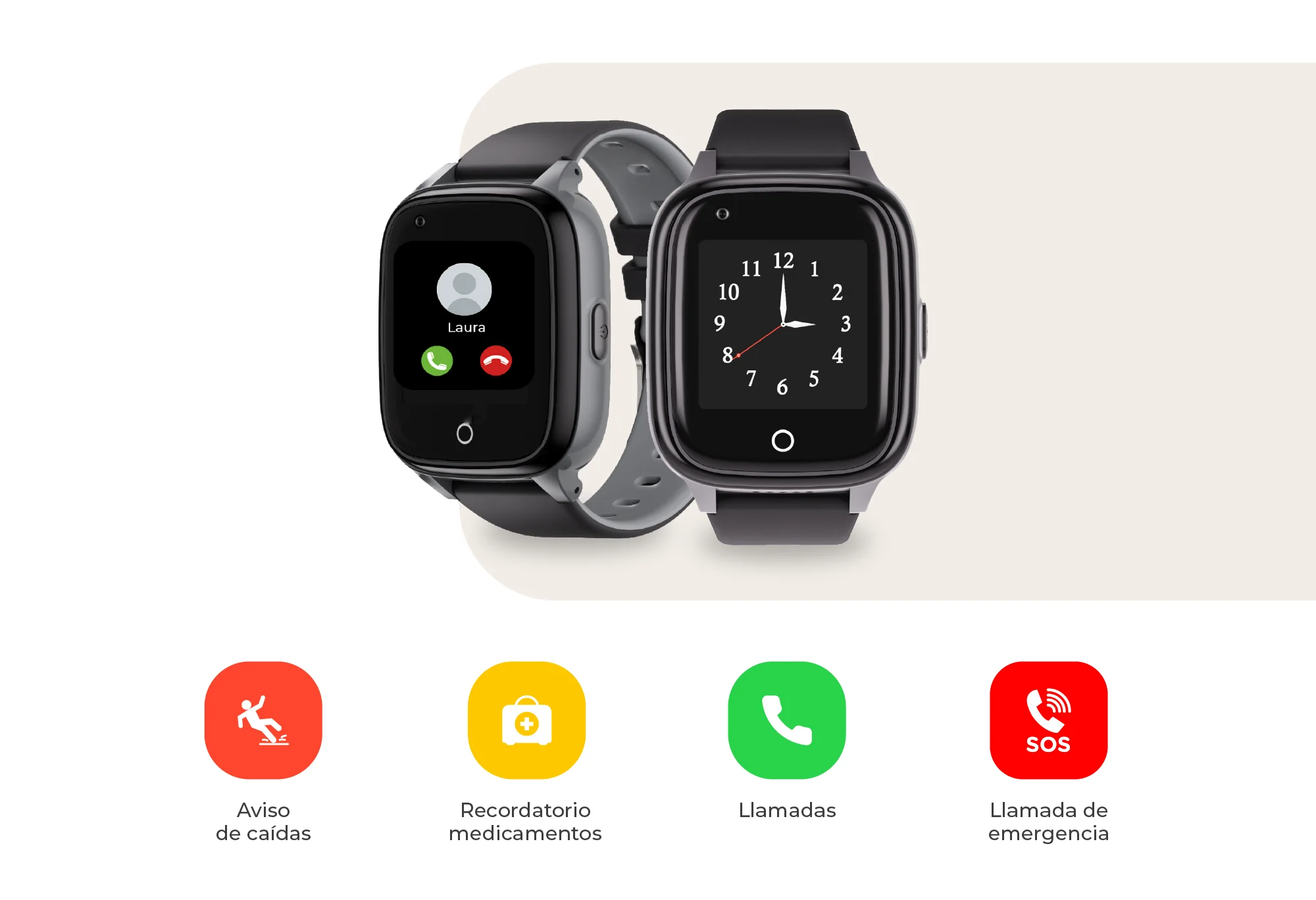 Dos relojes inteligentes uno al lado del otro; uno muestra una llamada entrante de Laura.
