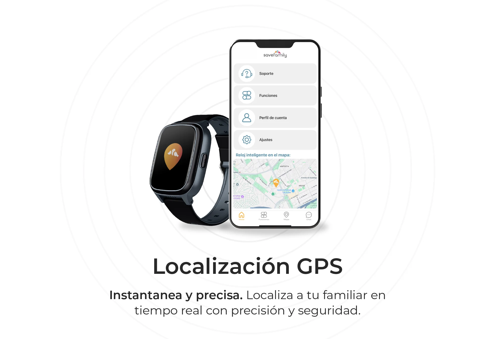 Un smartphone muestra una app con un mapa y un reloj inteligente al lado.