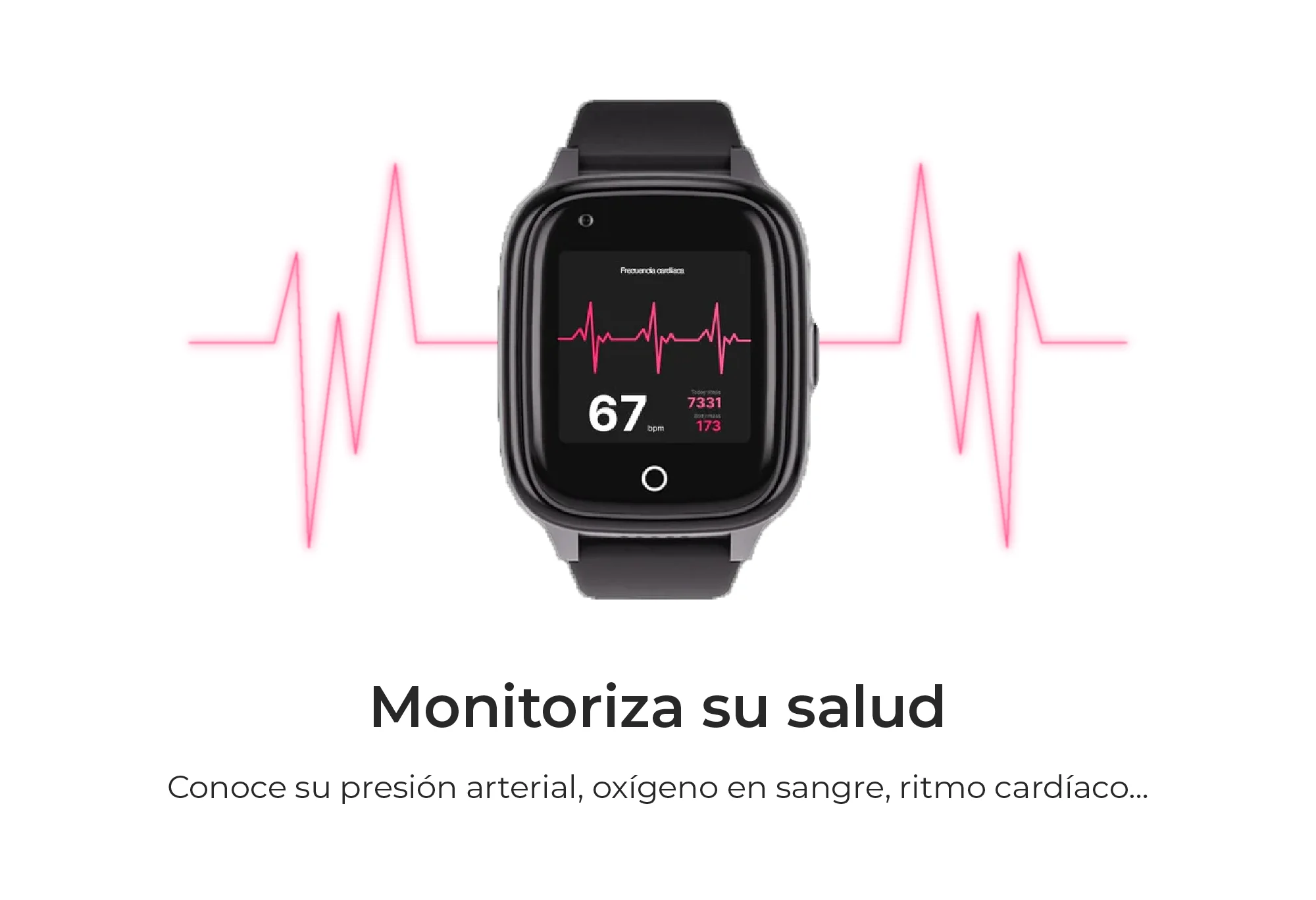 Reloj inteligente negro muestra frecuencia cardíaca, rodeado de líneas de latidos.