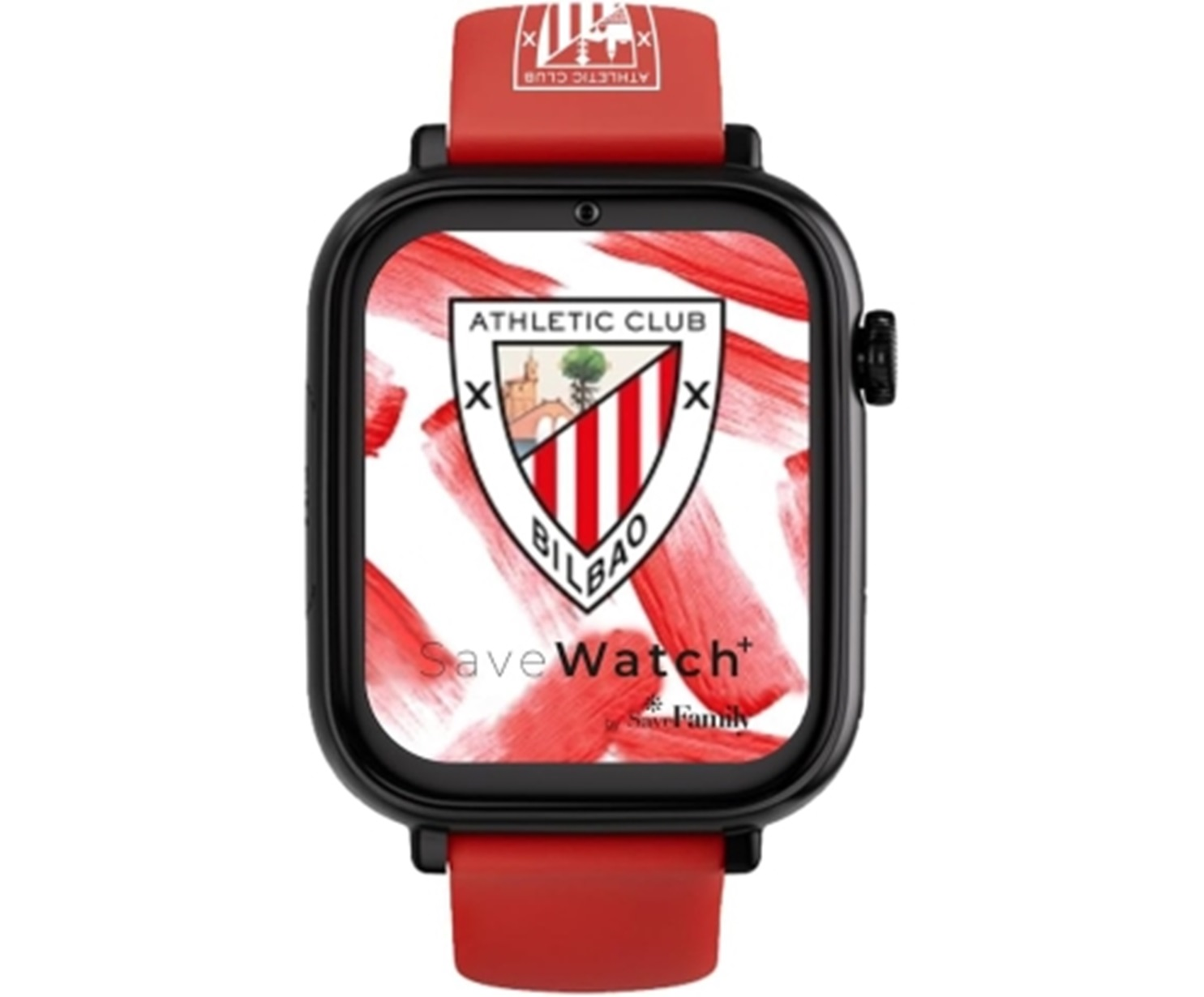 Un reloj inteligente con correa roja y el emblema del Athletic Club Bilbao en pantalla.