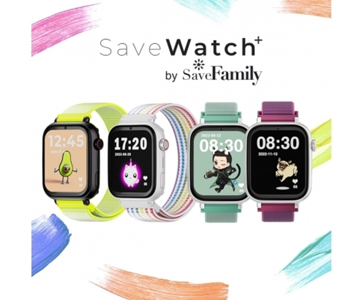 Cuatro relojes inteligentes con correas coloridas muestran dibujos animados y horas.