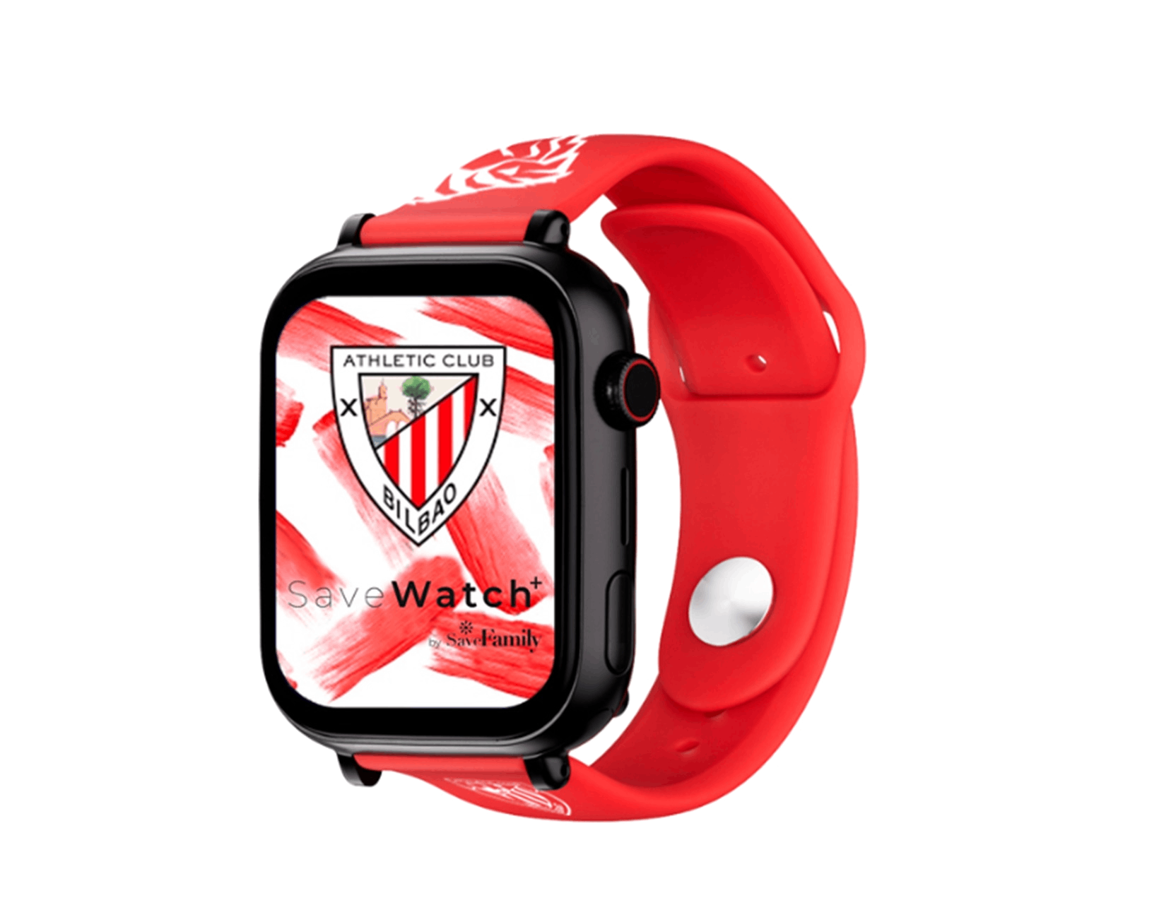 Un reloj inteligente con correa roja, mostrando el logo del Athletic Club Bilbao.