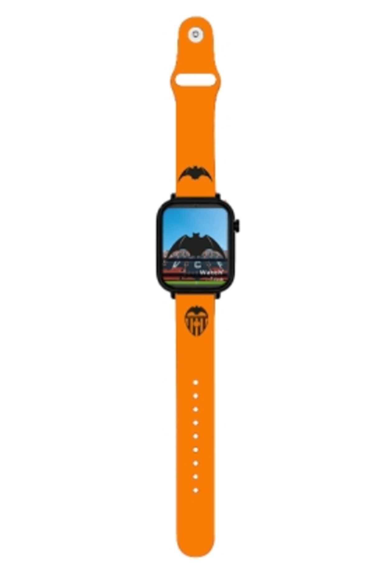 Reloj inteligente naranja con logo de murciélago y escudo del Valencia.