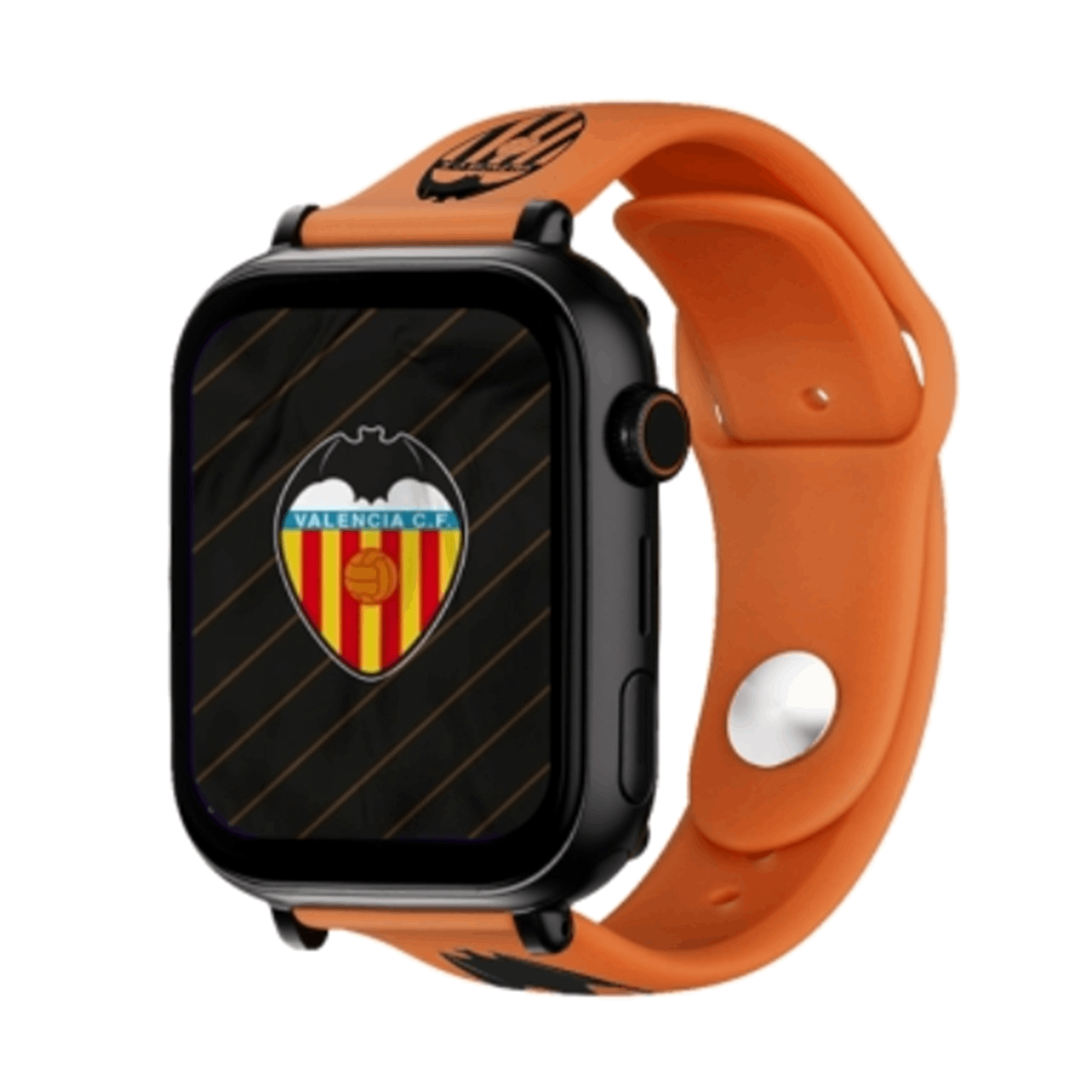Un smartwatch negro con banda naranja, mostrando el logo del Valencia CF en la pantalla.