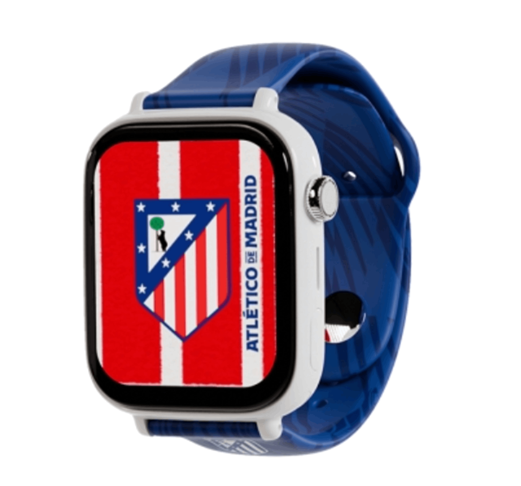 Un smartwatch con el escudo del Atlético de Madrid en la pantalla y correa azul.