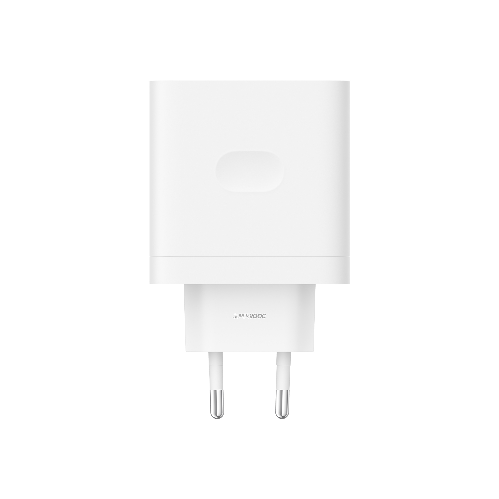 Un cargador blanco con texto SUPERVOOC y dos clavijas plateadas.