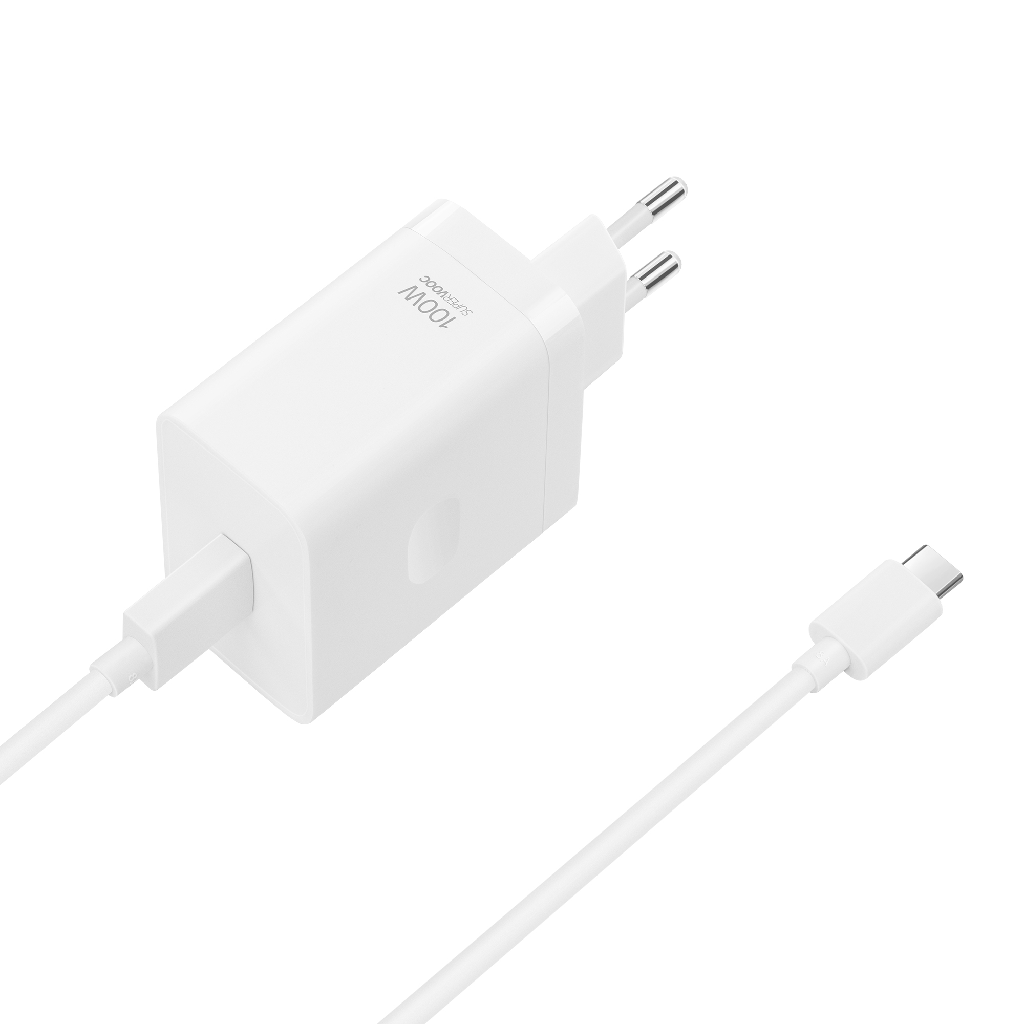 Un cargador blanco SuperVOOC de 100W con cable USB-C sobre fondo blanco.