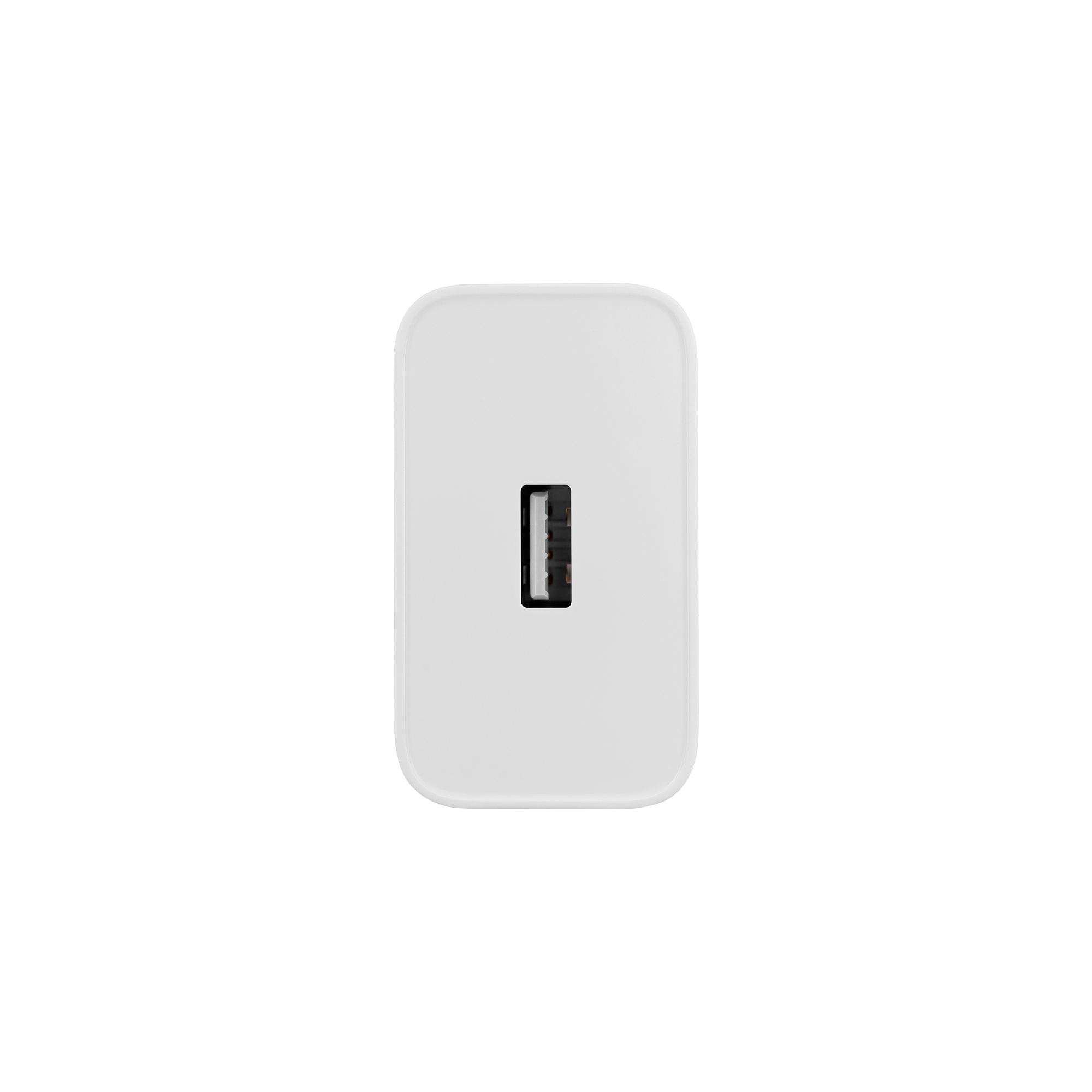 Un adaptador de carga USB blanco con un puerto USB negro.
