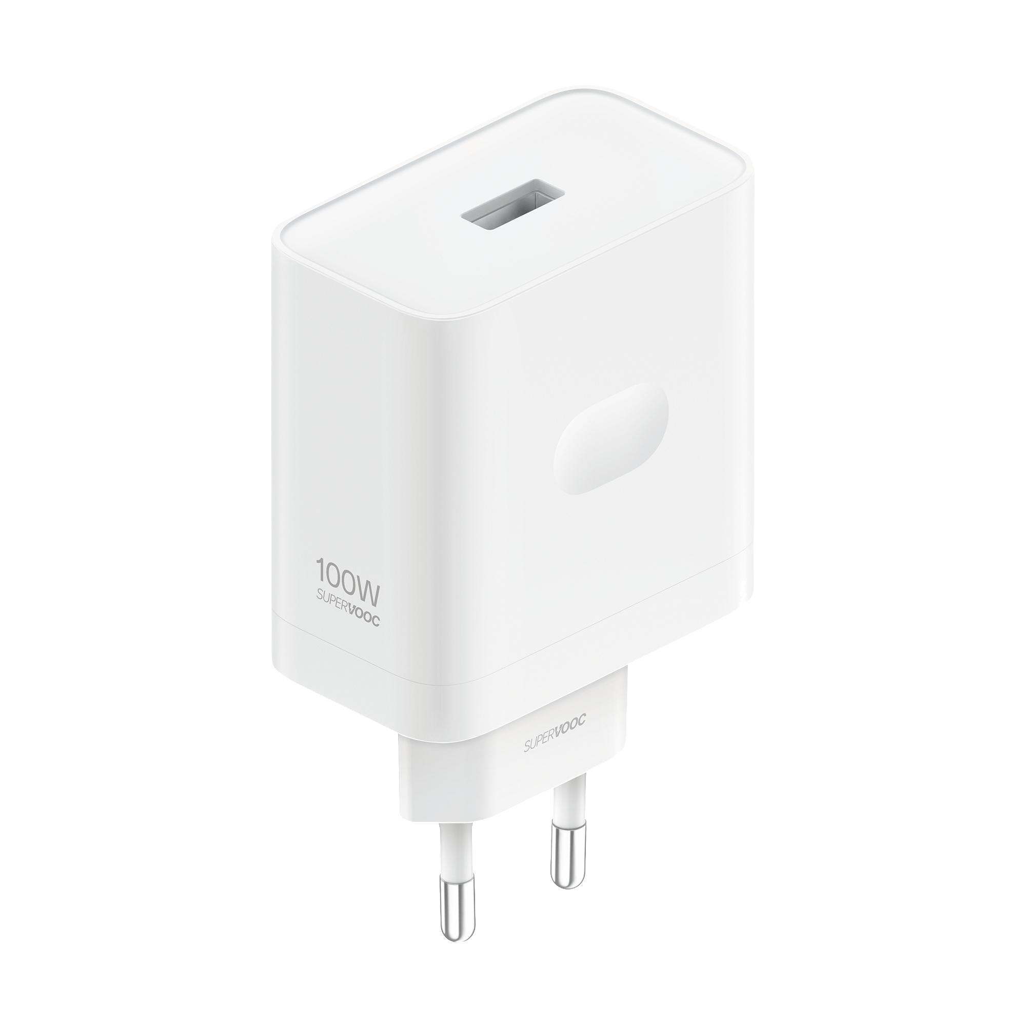 Un cargador blanco SuperVOOC de 100W con dos clavijas, sobre fondo negro.