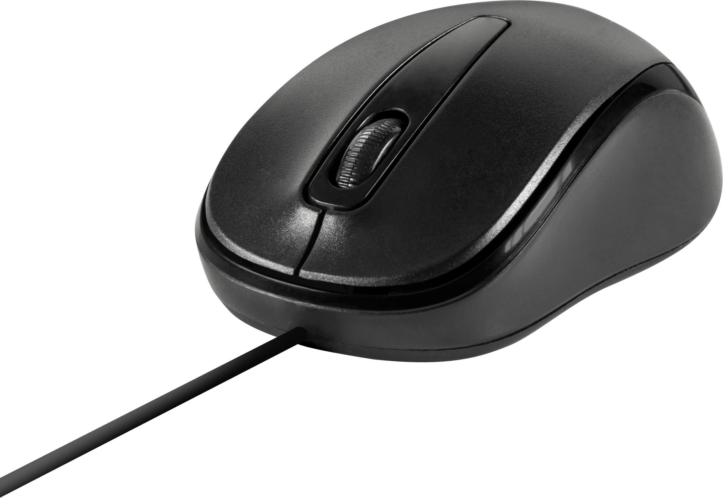 Schwarze Computermaus mit Scrollrad und Kabel auf schwarzem Hintergrund.