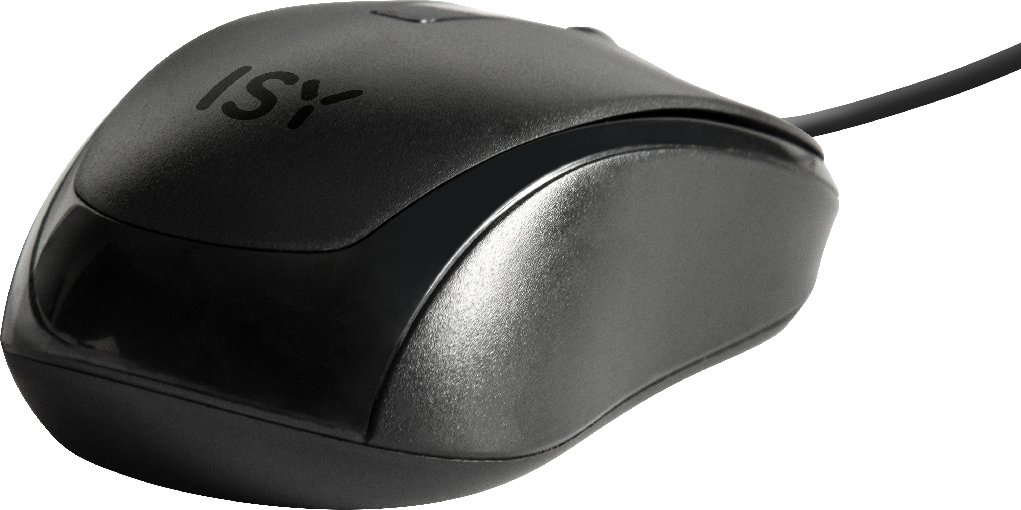 Schwarze ISY-Computermouse mit Kabel, Nahaufnahme, auf schwarzem Hintergrund.