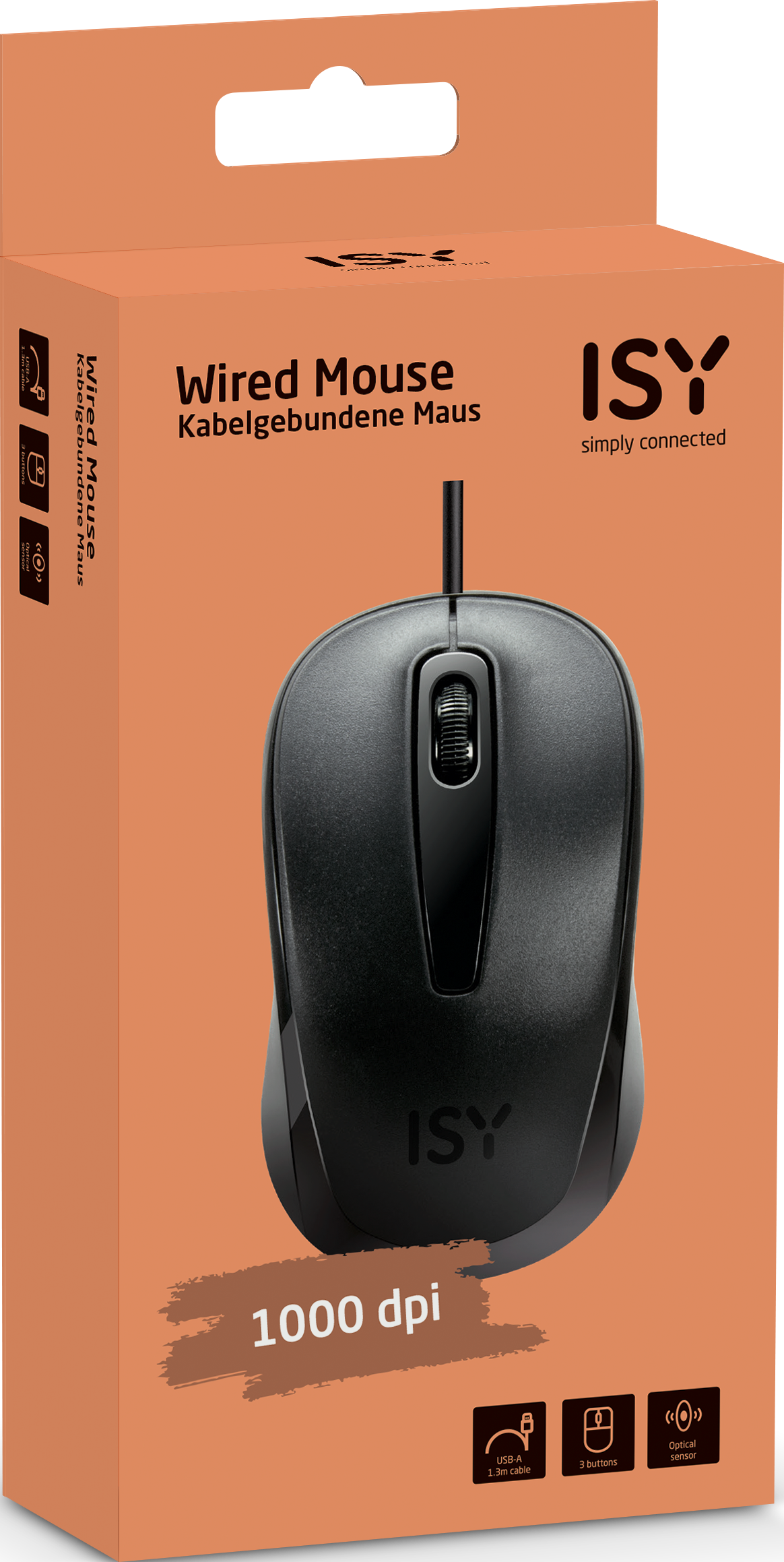 Schwarze ISY Kabelmaus mit 1000 dpi und USB-A Kabel.