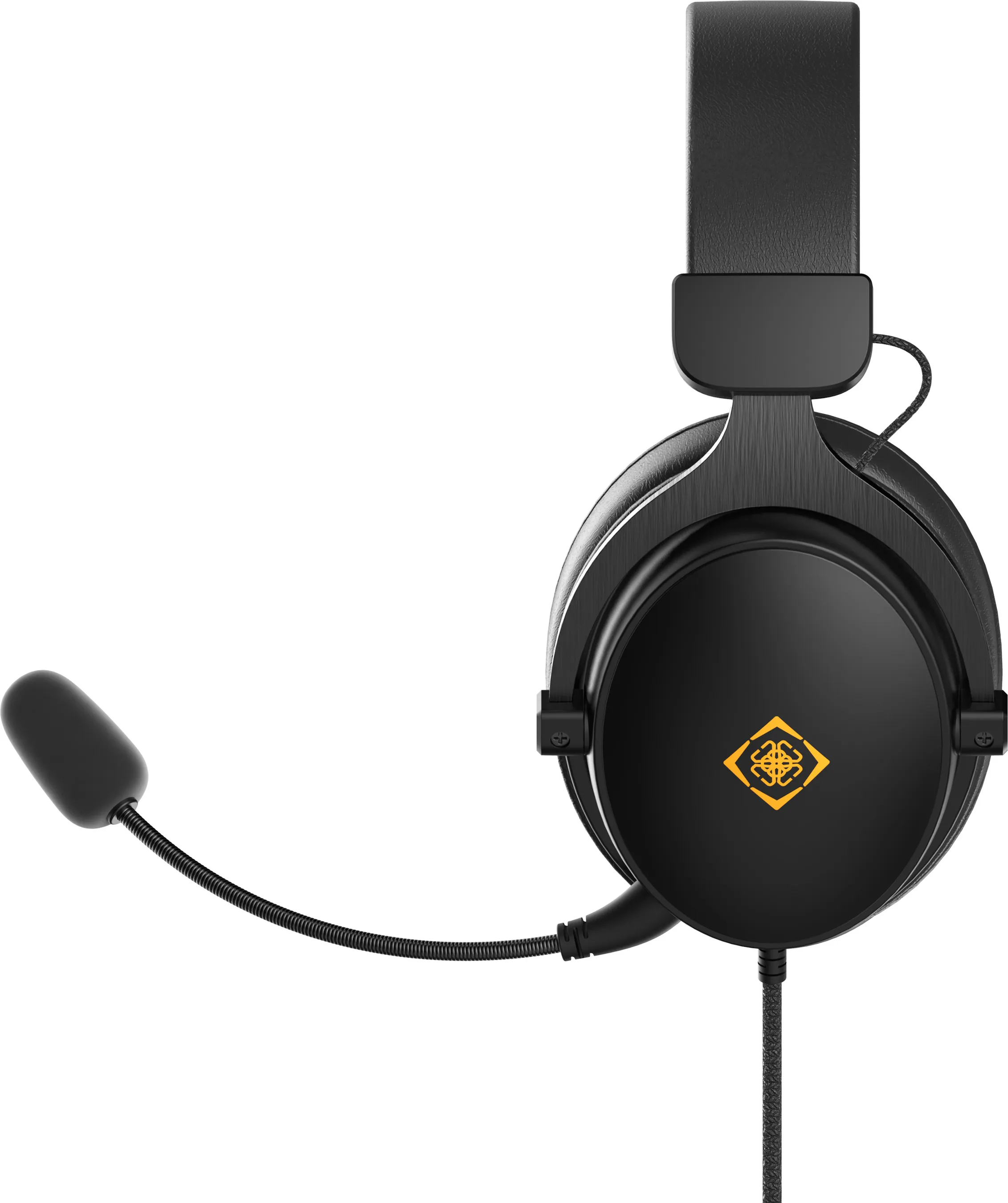Cuffie da gaming nere con microfono e logo giallo sull'auricolare.