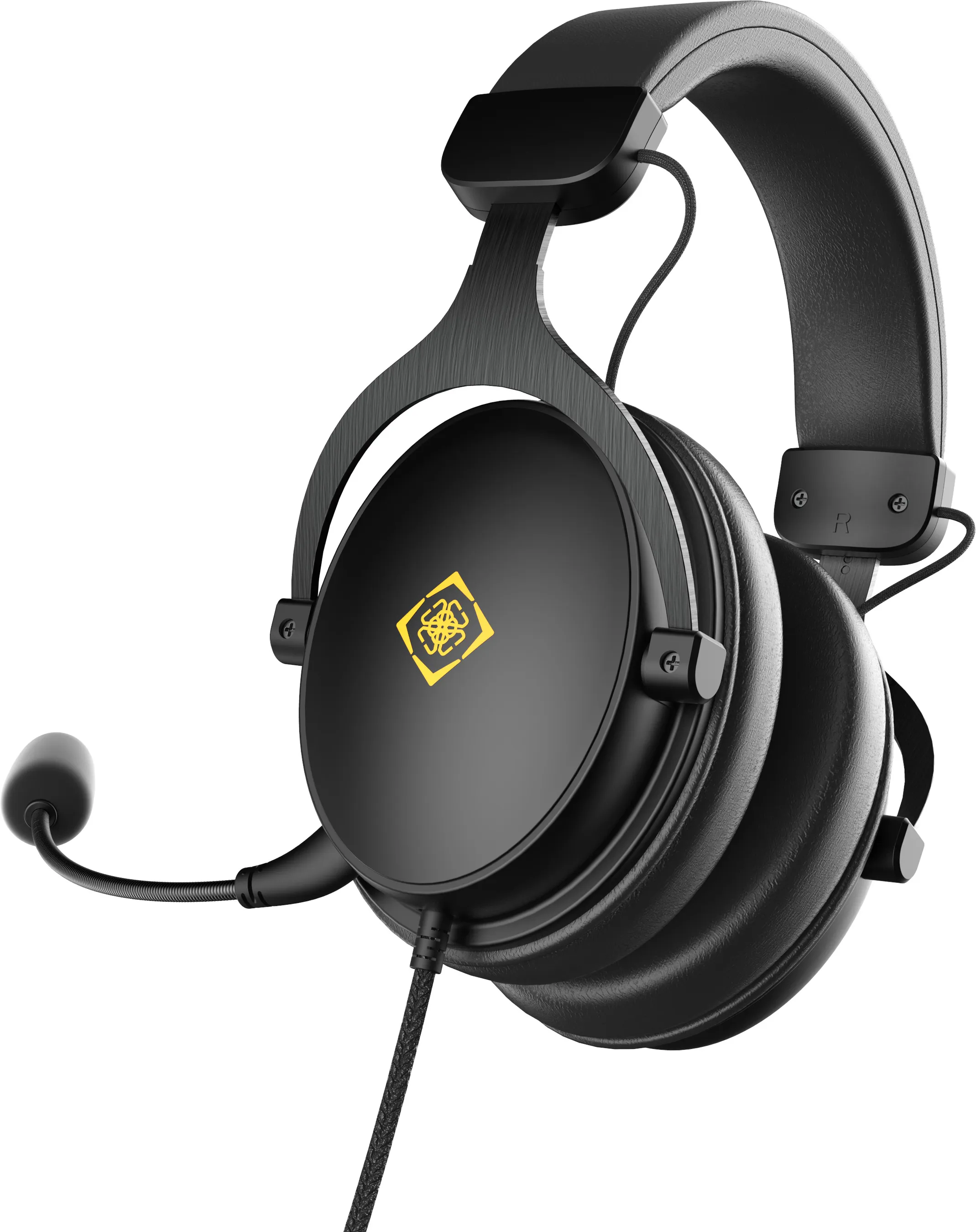 Cuffie over-ear nere con microfono e logo giallo.