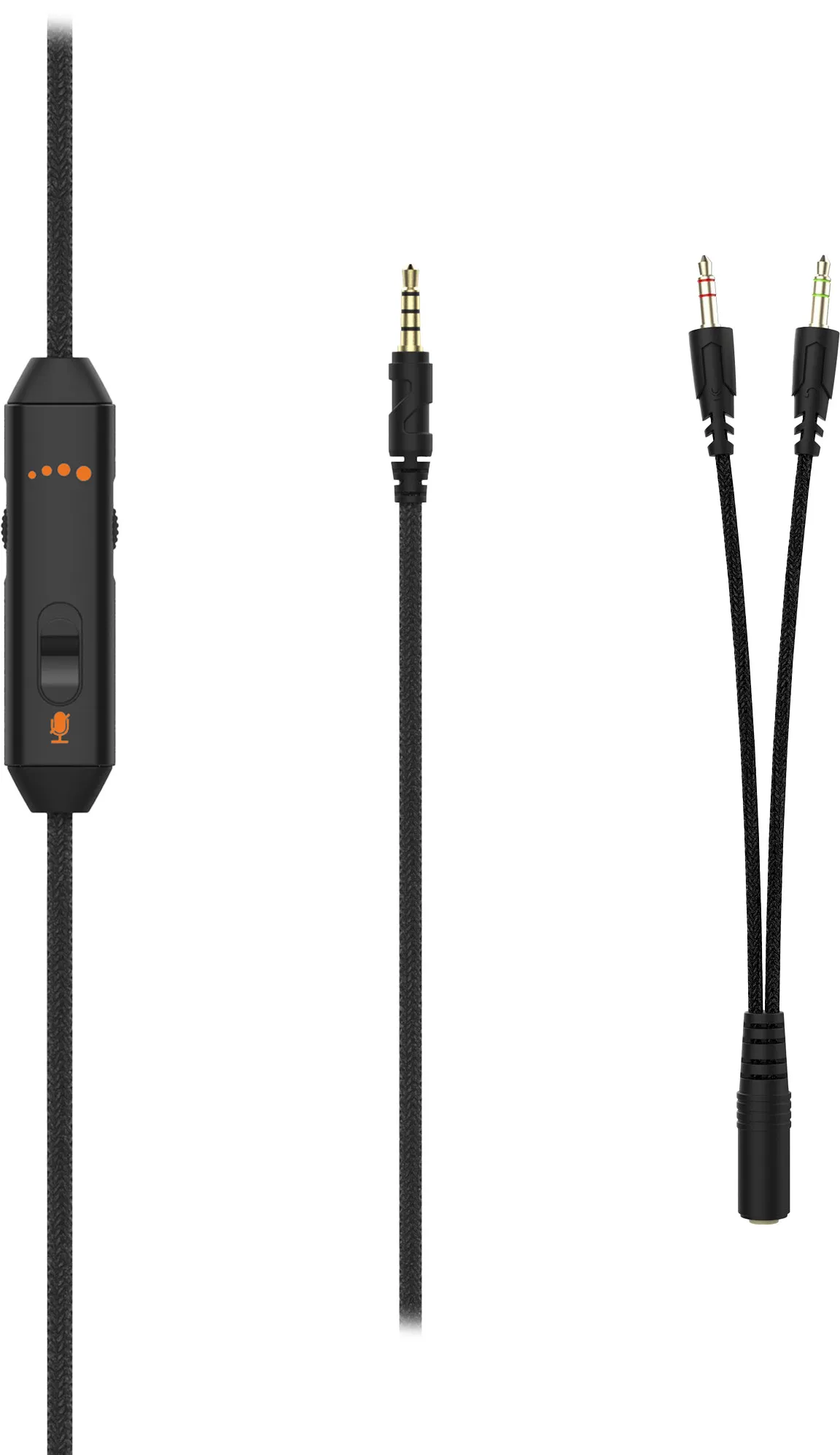 Un cavo nero con controllo del volume, jack da 3,5 mm e due connettori da 3,5 mm.