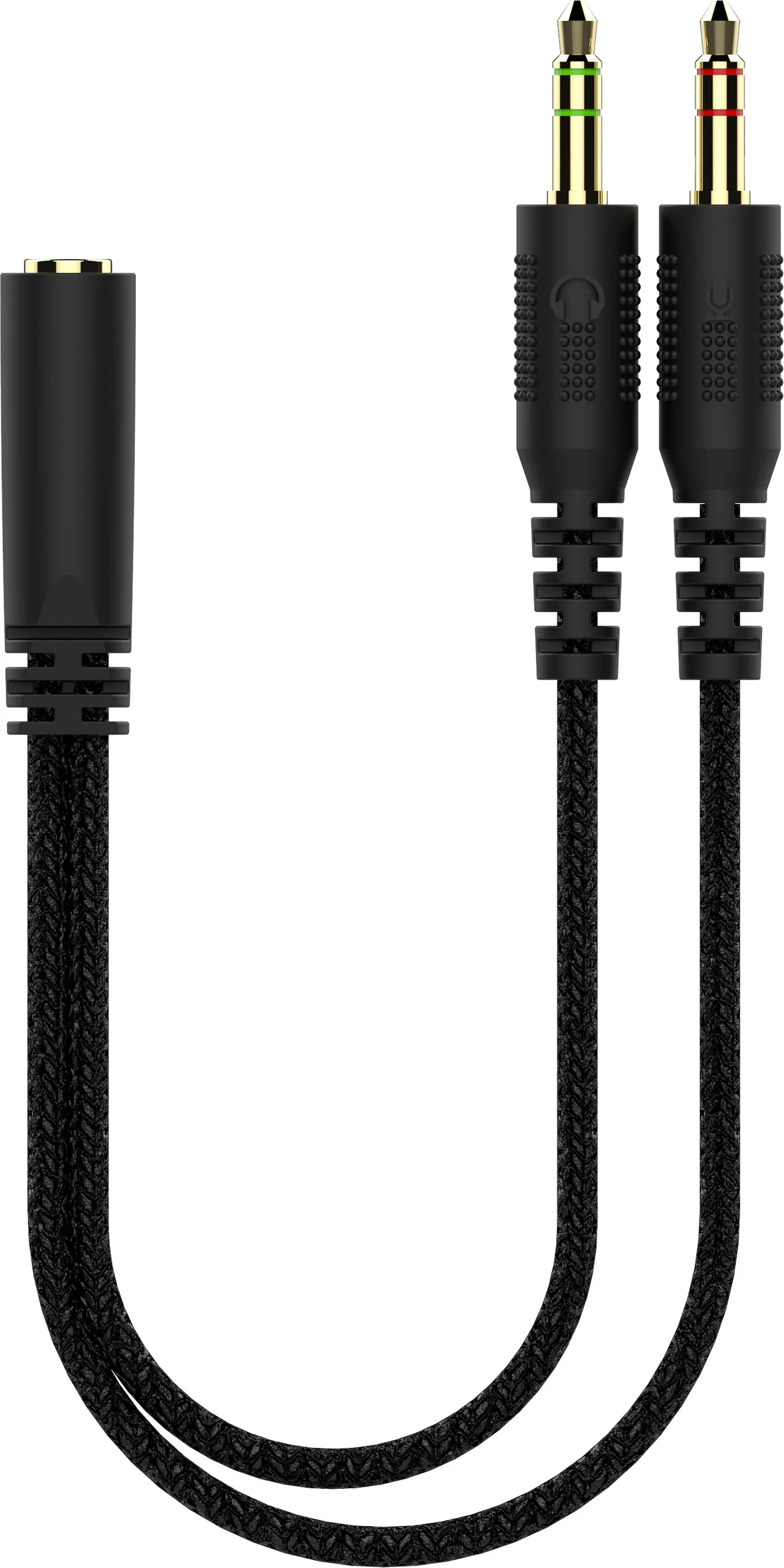 Un adattatore audio nero con una femmina e due connettori maschio.