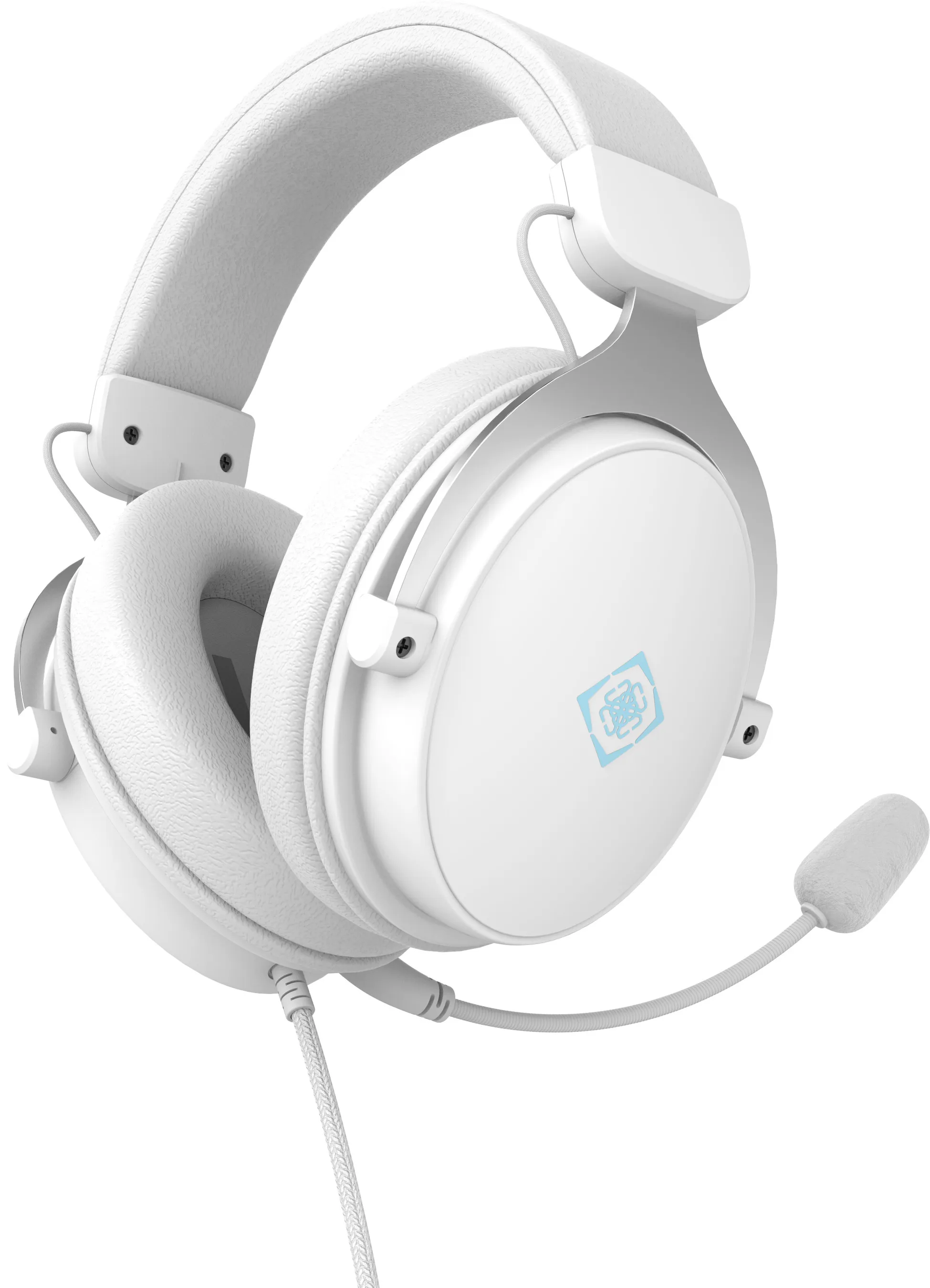 Un auricolare bianco con microfono e logo blu sul padiglione destro.