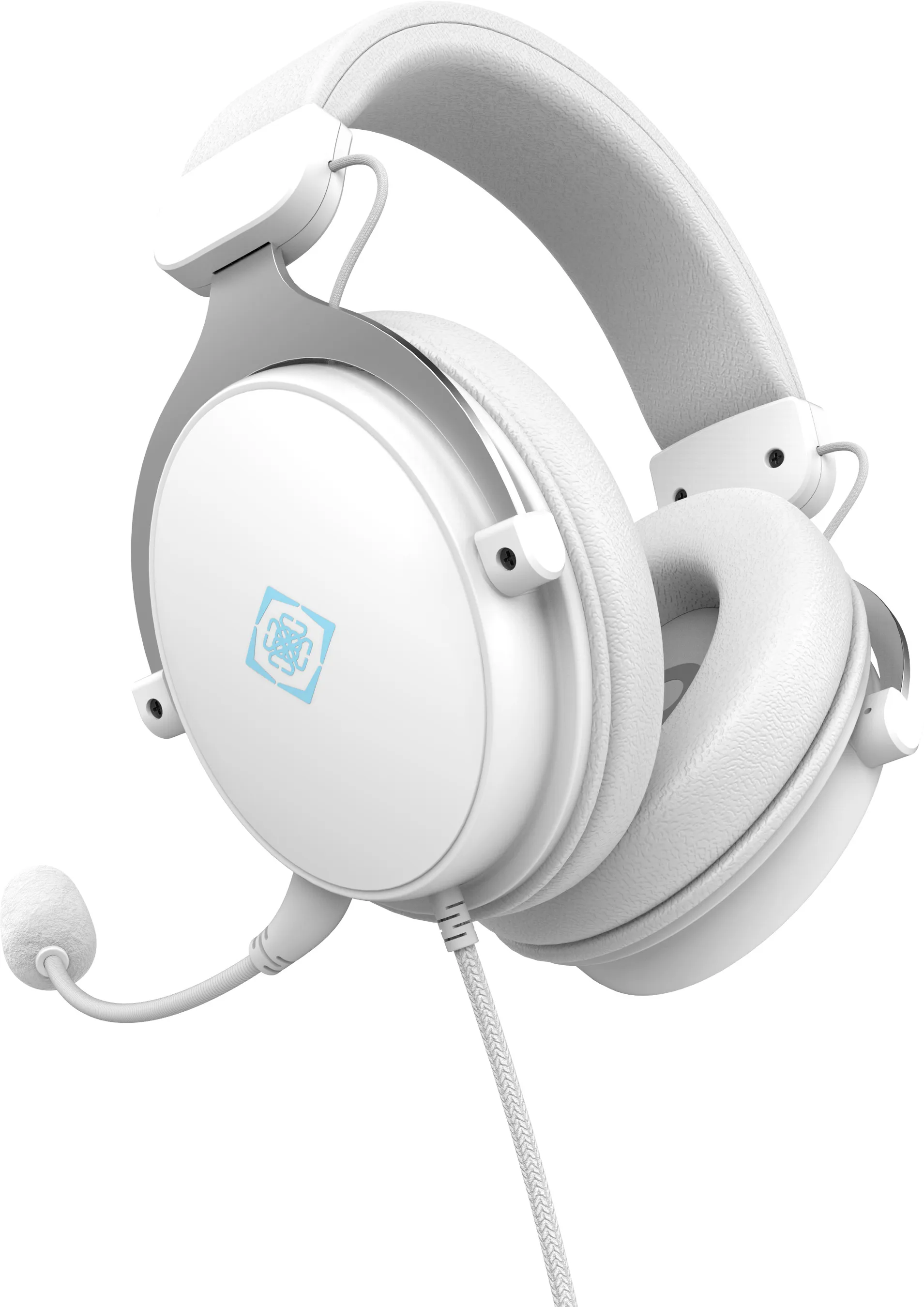 Cuffie da gaming bianche con microfono e logo blu.