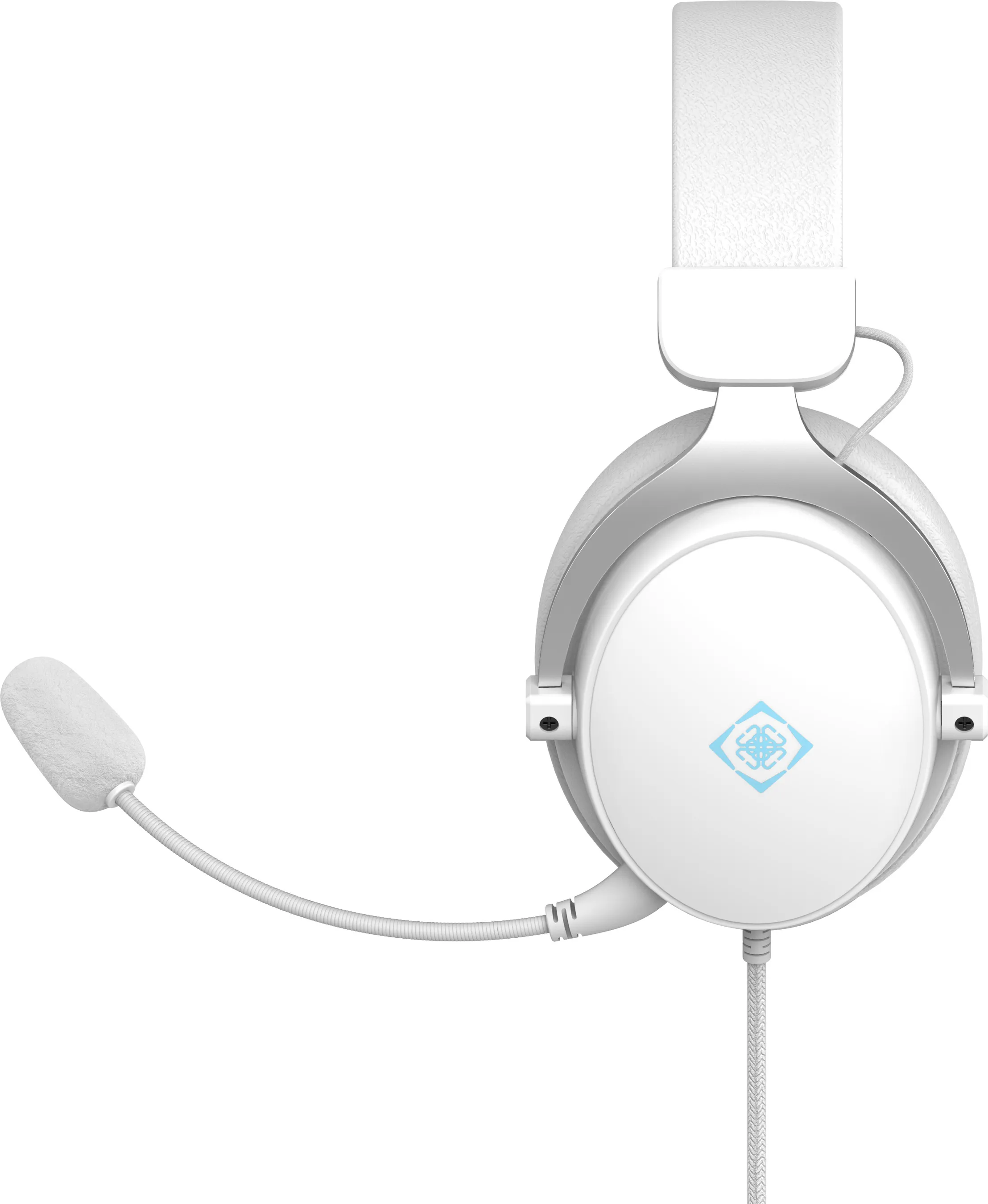 Un auricolare bianco con microfono e logo blu sull'auricolare destro.
