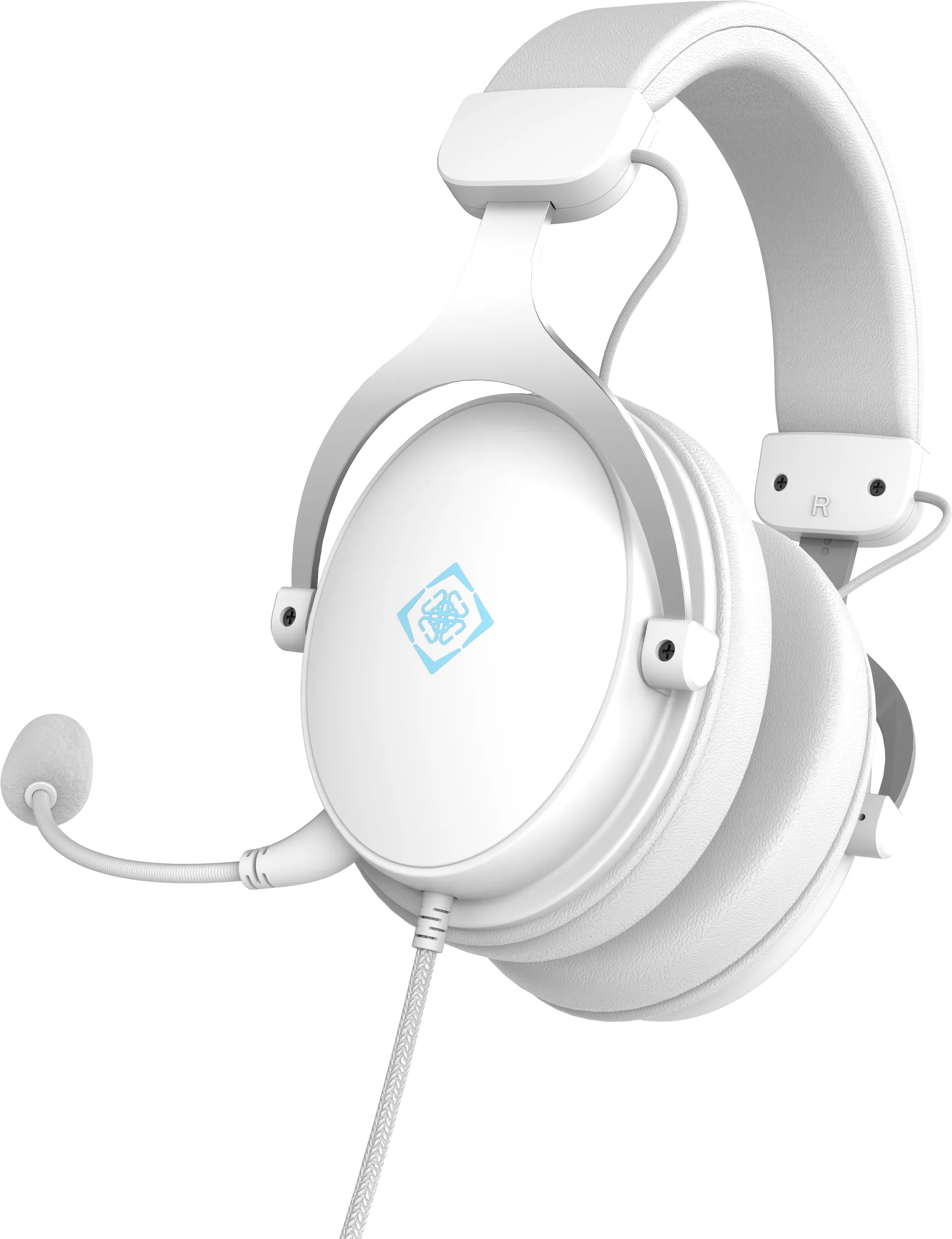 Cuffie bianche con microfono e logo blu, su sfondo bianco.