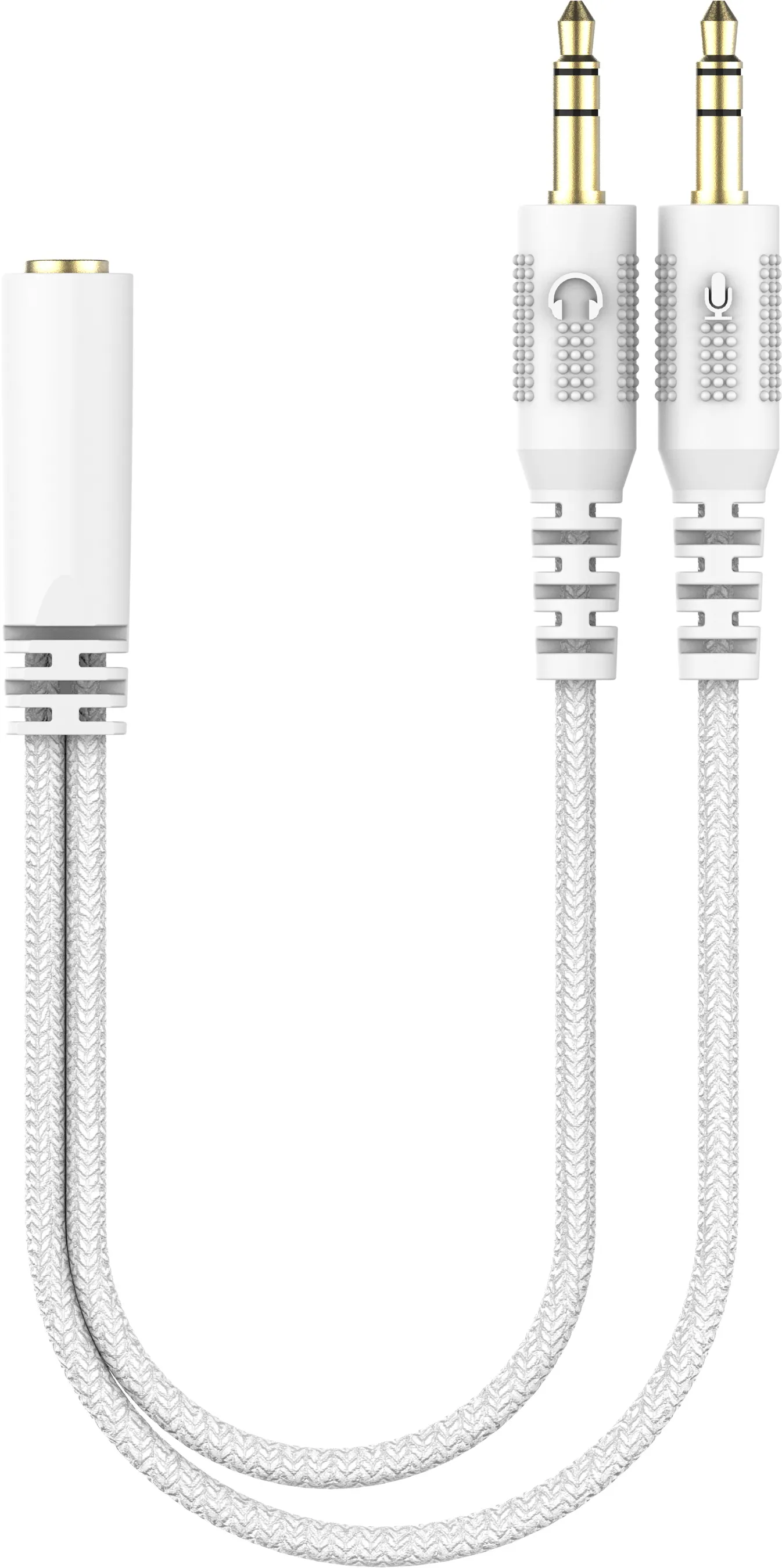 Un adattatore bianco con due spinotti da 3,5 mm e un jack femmina.