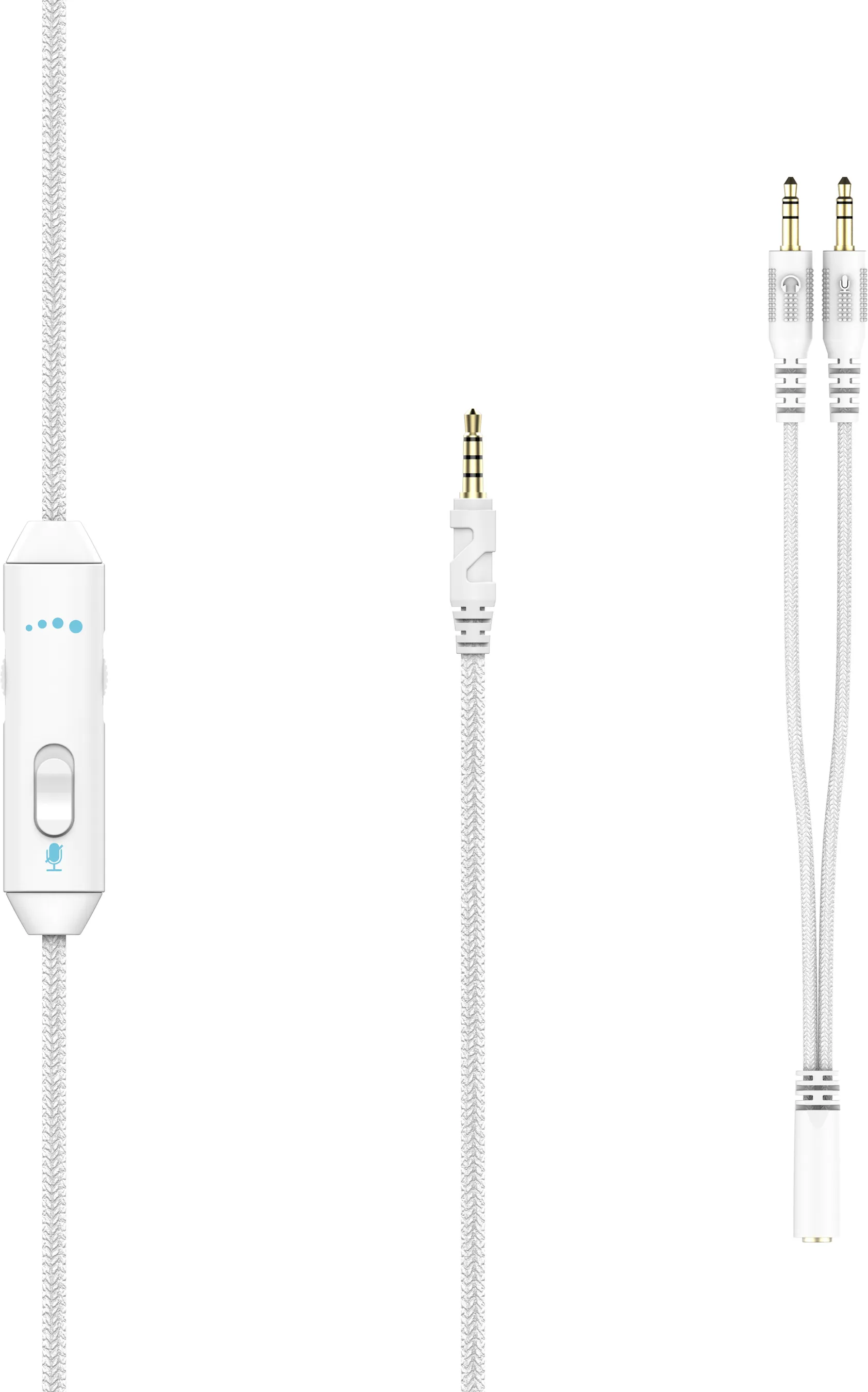 Cavi bianchi con jack da 3,5 mm e controller in linea con icona del microfono.