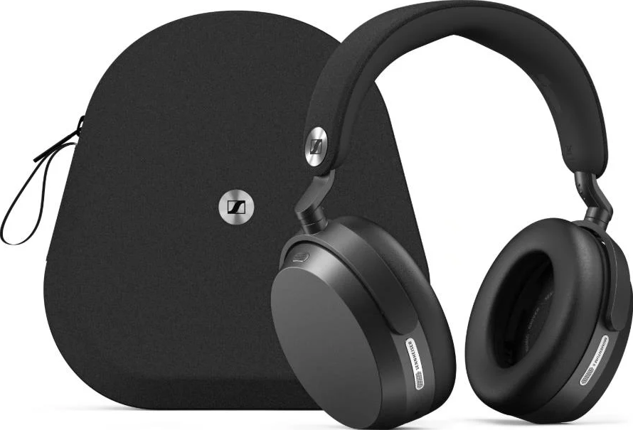 Cuffie nere e custodia abbinata con logo Sennheiser.