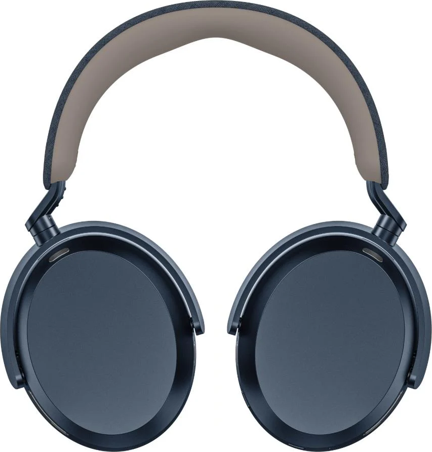 Cuffie blu scuro con archetto beige su sfondo bianco.
