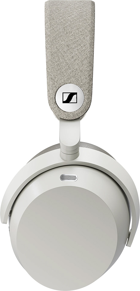 Cuffia grigio chiaro con archetto bianco e logo Sennheiser.
