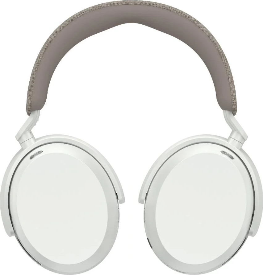 Cuffie bianche con archetto grigio, su sfondo bianco.