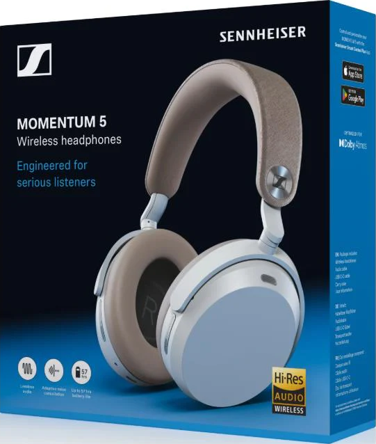 Confezione cuffie wireless Sennheiser Momentum 5 in bianco e beige, con logo Hi-Res Audio.