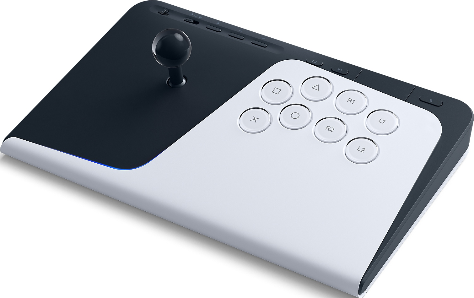 Uno stick arcade da combattimento bianco e nero con joystick e pulsanti.