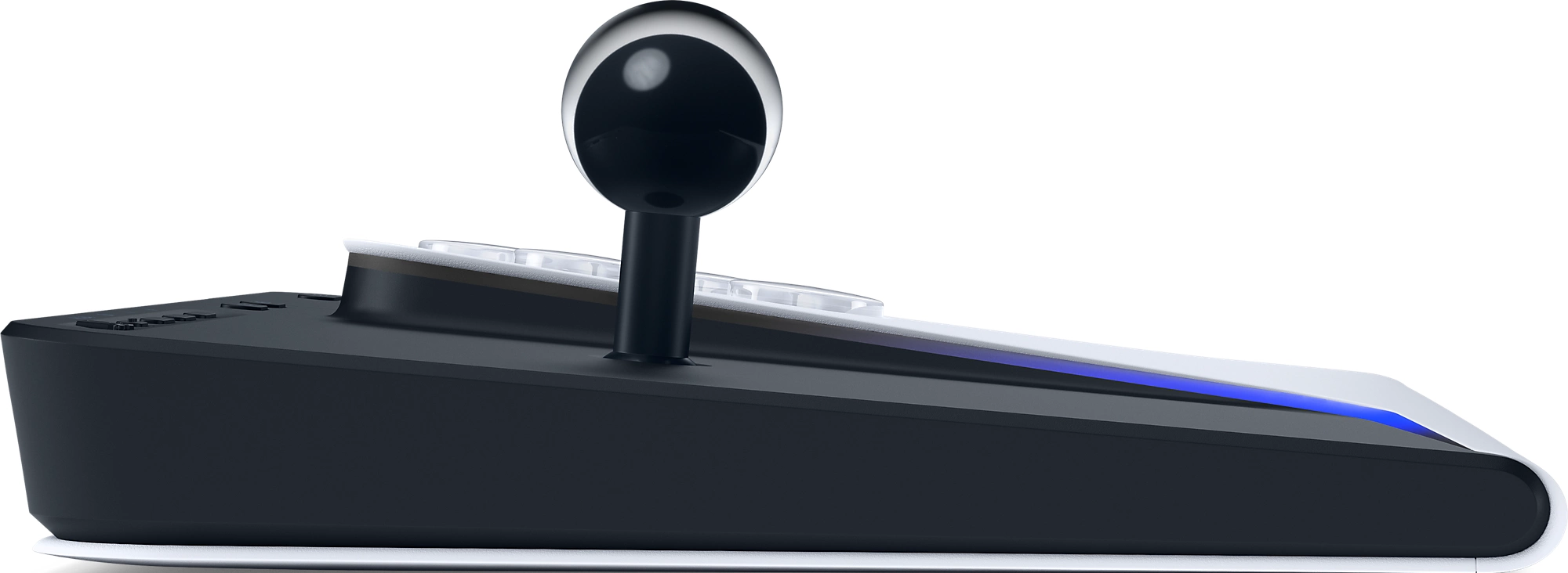 Joystick nero con sfera argentata, luce blu, su sfondo bianco.