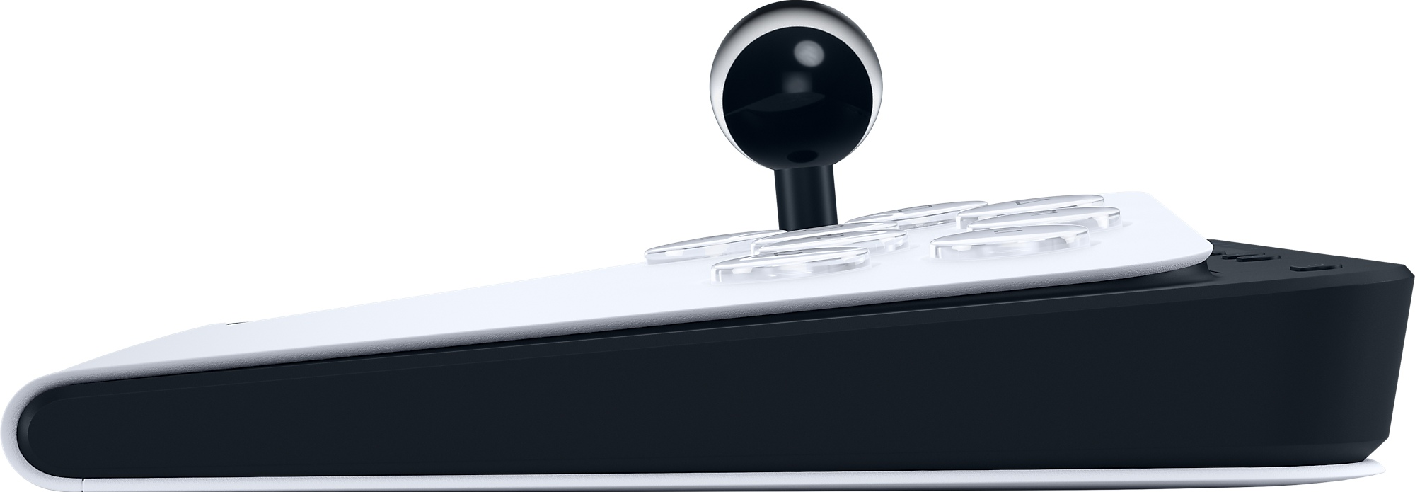 Un joystick bianco e nero con manico a sfera nero e pulsanti trasparenti.