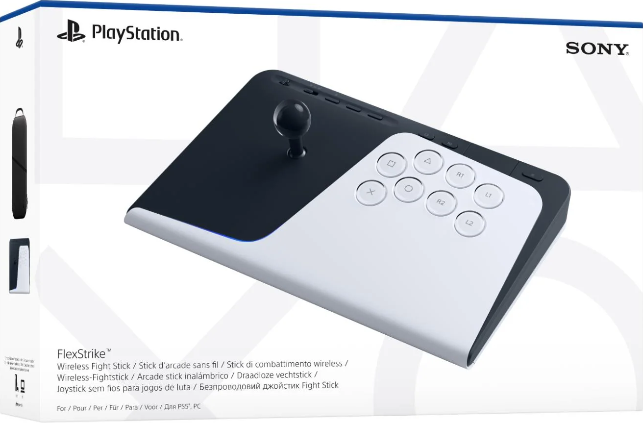 Un Fight Stick wireless PlayStation bianco e nero con joystick e pulsanti.