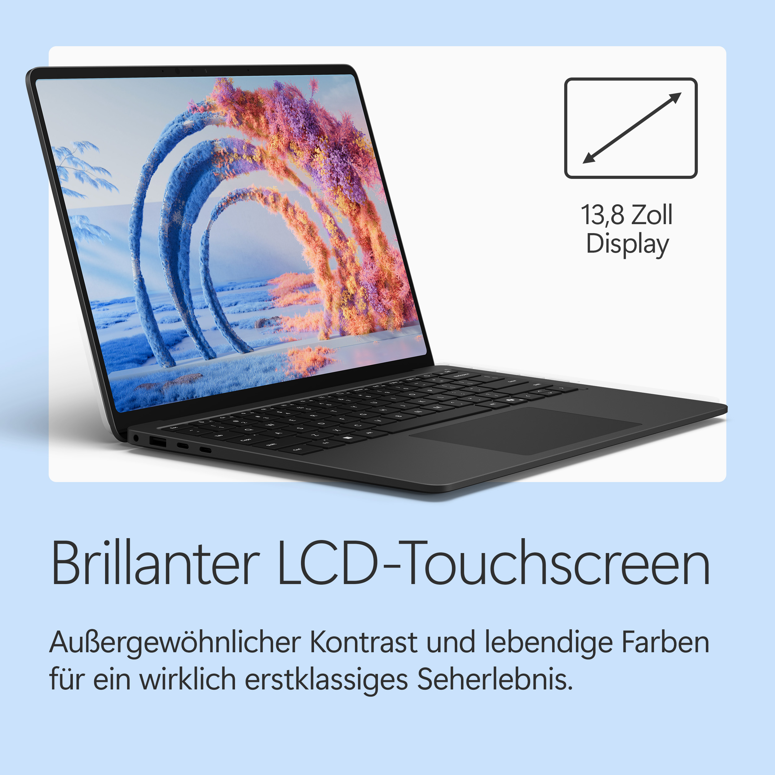 Schwarzer Laptop mit 13,8-Zoll-Touchscreen, zeigt eine bunte, abstrakte Grafik.