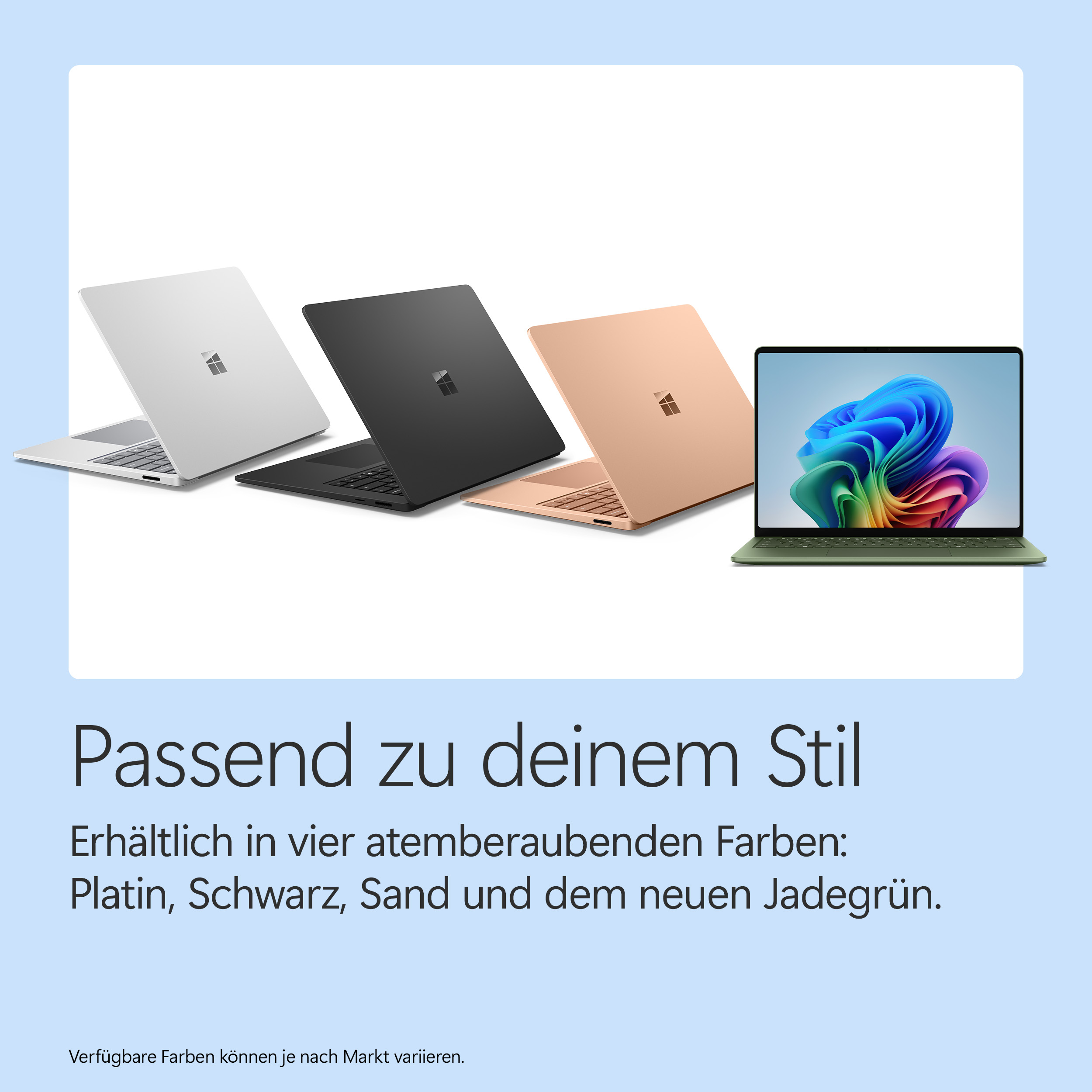Vier Laptops in Platin, Schwarz, Sand und Grün mit farbenfrohem Hintergrund.