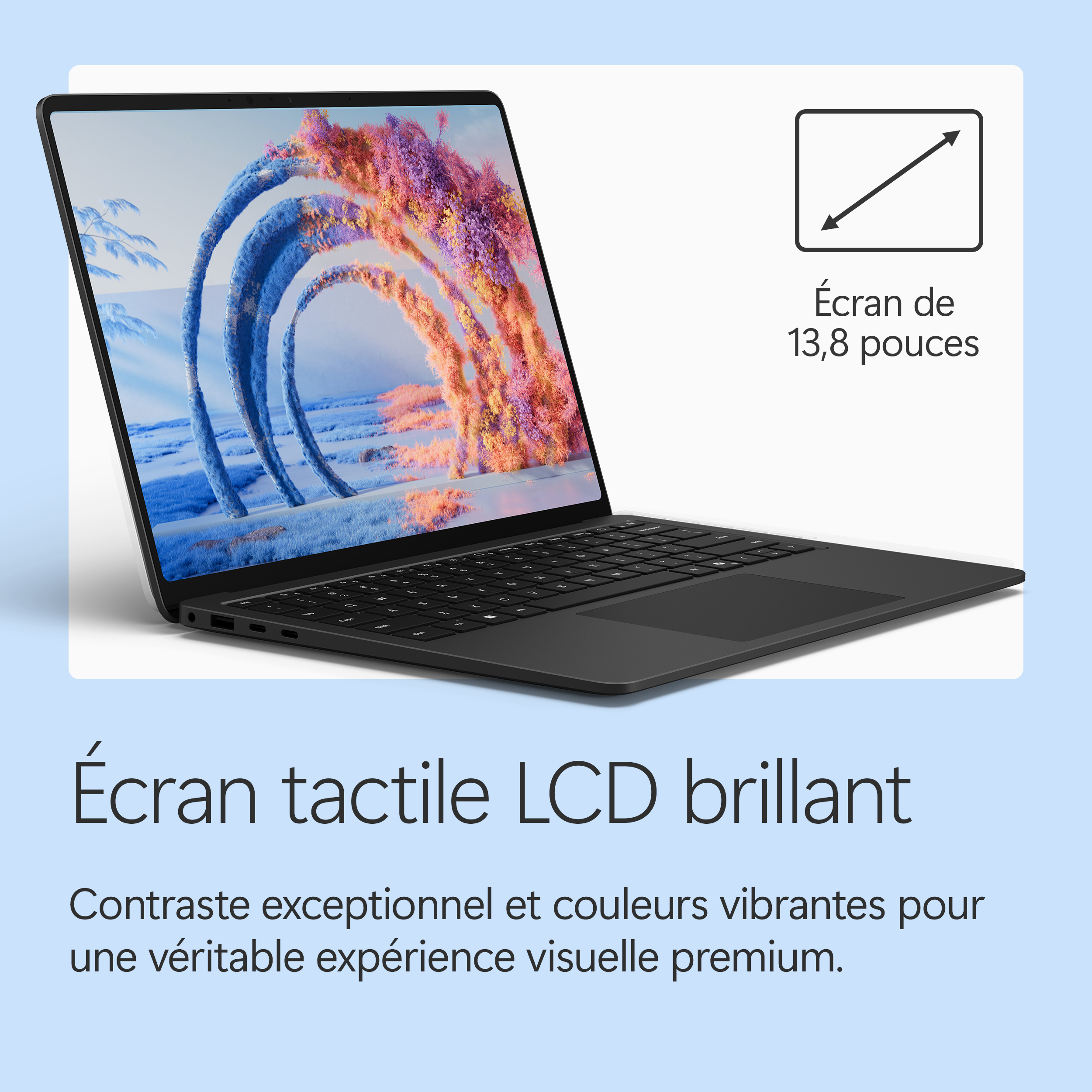 Ordinateur portable noir avec écran tactile 13,8 pouces et image abstraite.