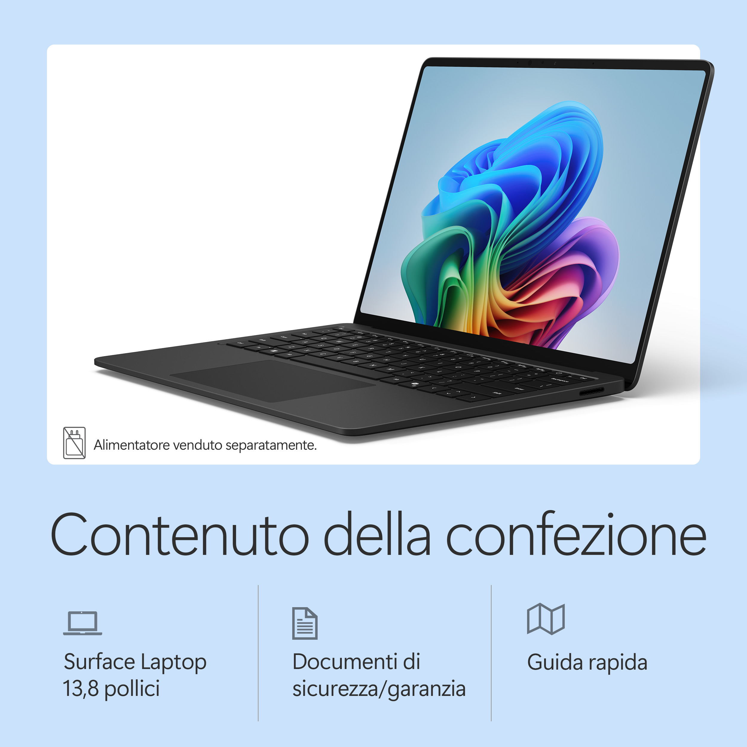 Laptop nero con sfondo colorato. Alimentatore venduto separatamente.