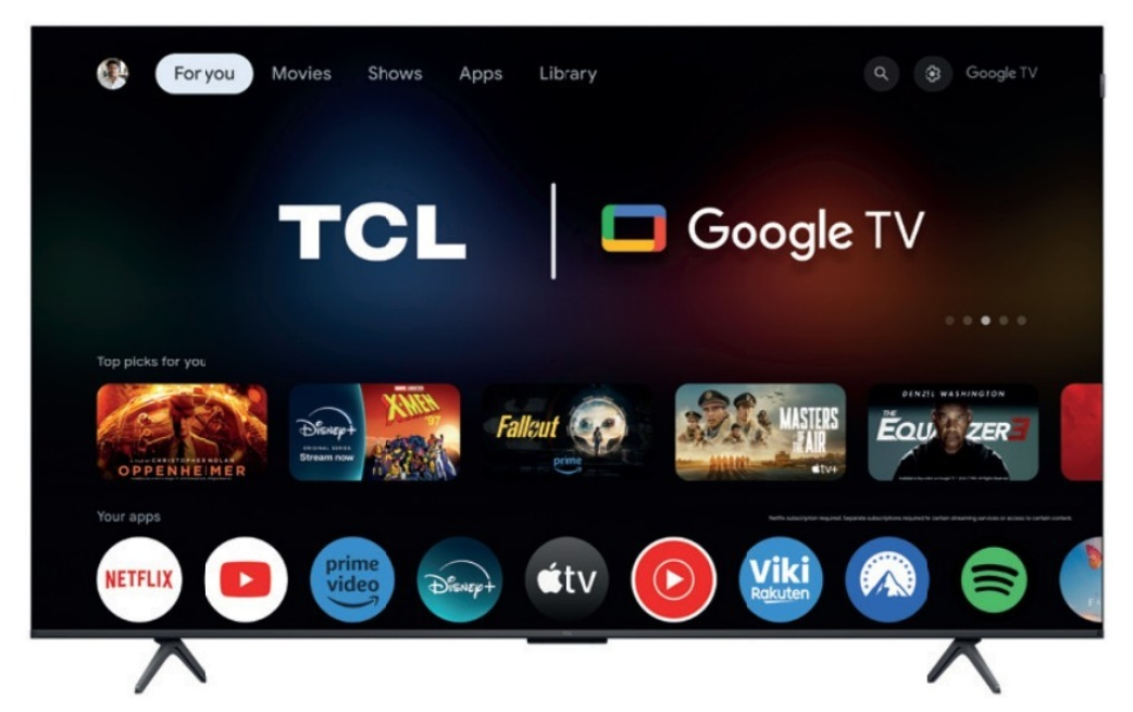 Ekran główny TCL Google TV z wyborem filmów i aplikacji.