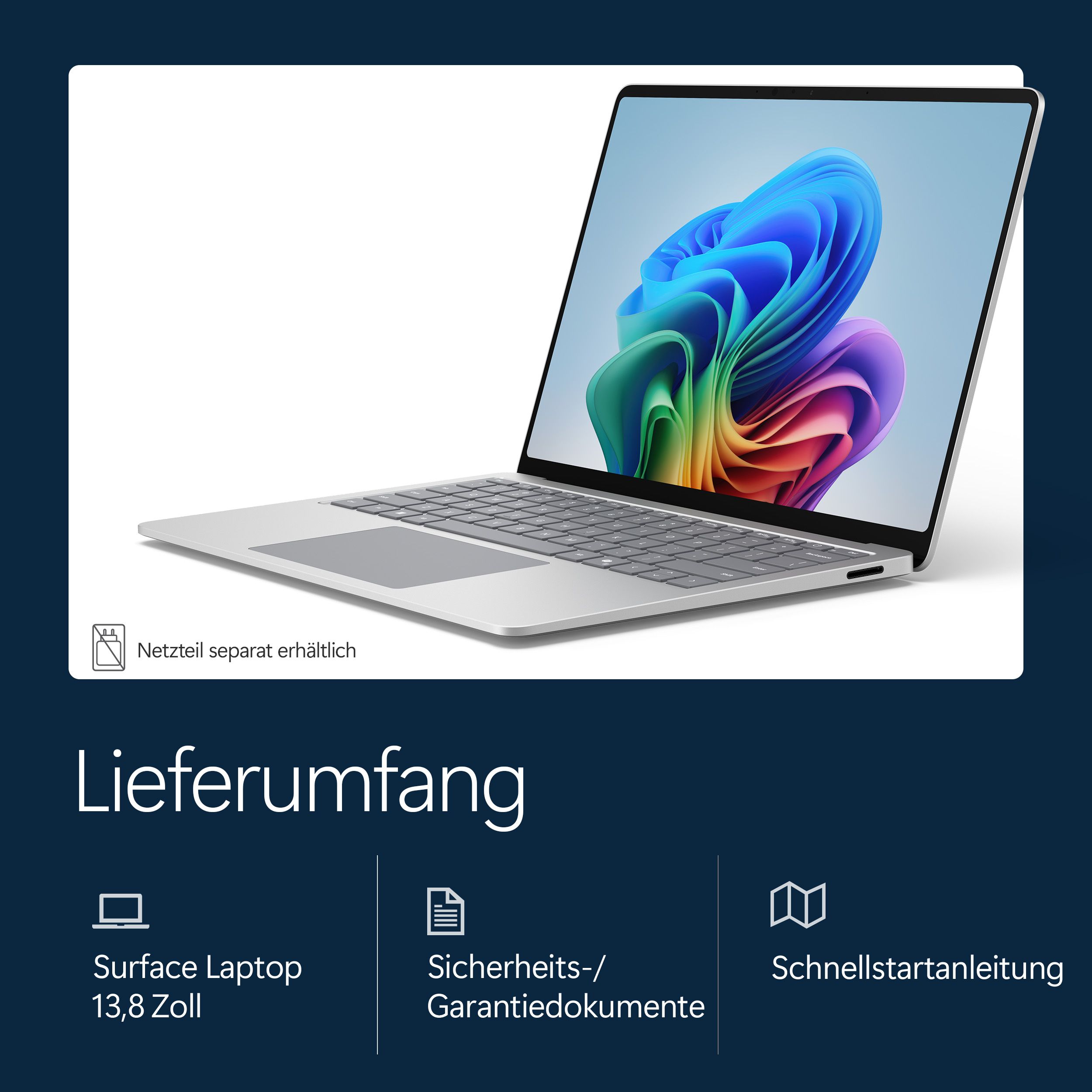 Silberner Laptop mit bunter abstrakter Tapete. Netzteil separat erhältlich.