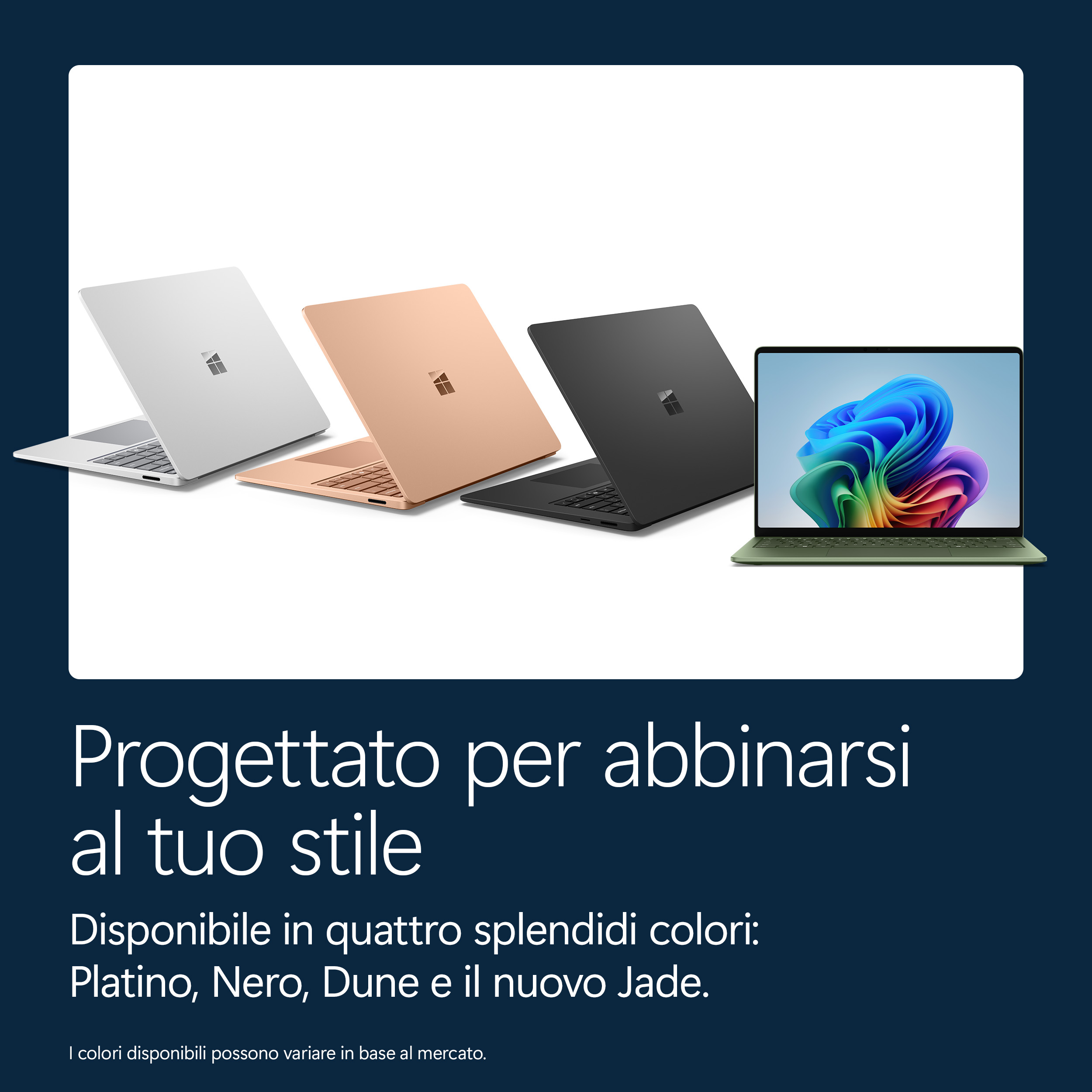 Quattro laptop in argento, oro rosa, nero e verde, uno con schermo colorato.