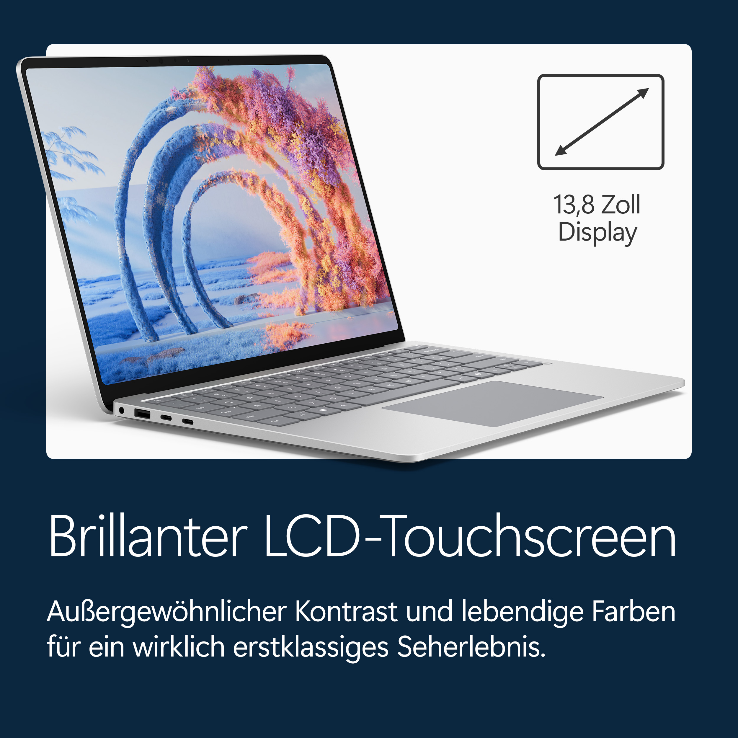 Ein offener Laptop mit einem bunten Bild auf dem Bildschirm und Display-Größenangabe.